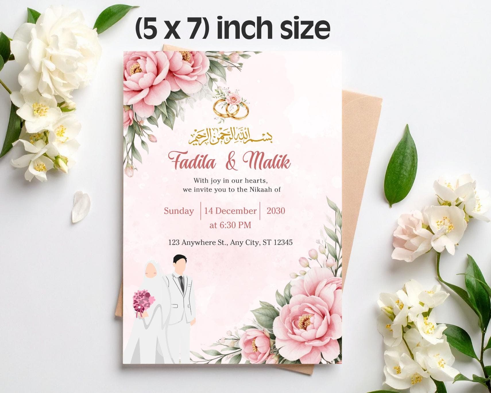 Muslim Wedding Invitation Template Roses, Hijabi Bride Card, Islamic Walima Invite (Digital Download) - image 5