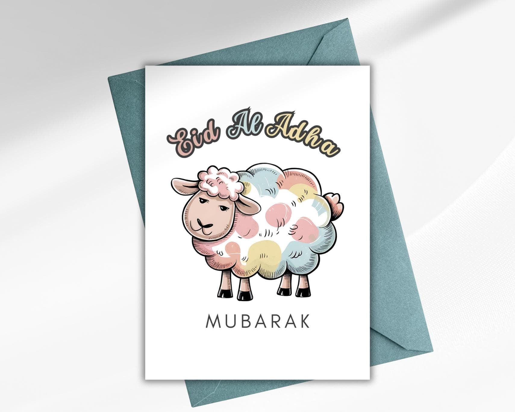Eid Al Adha Mubarak Card, Pastel Sheep Greeting Card, 5x7 inch (Digital Download)
