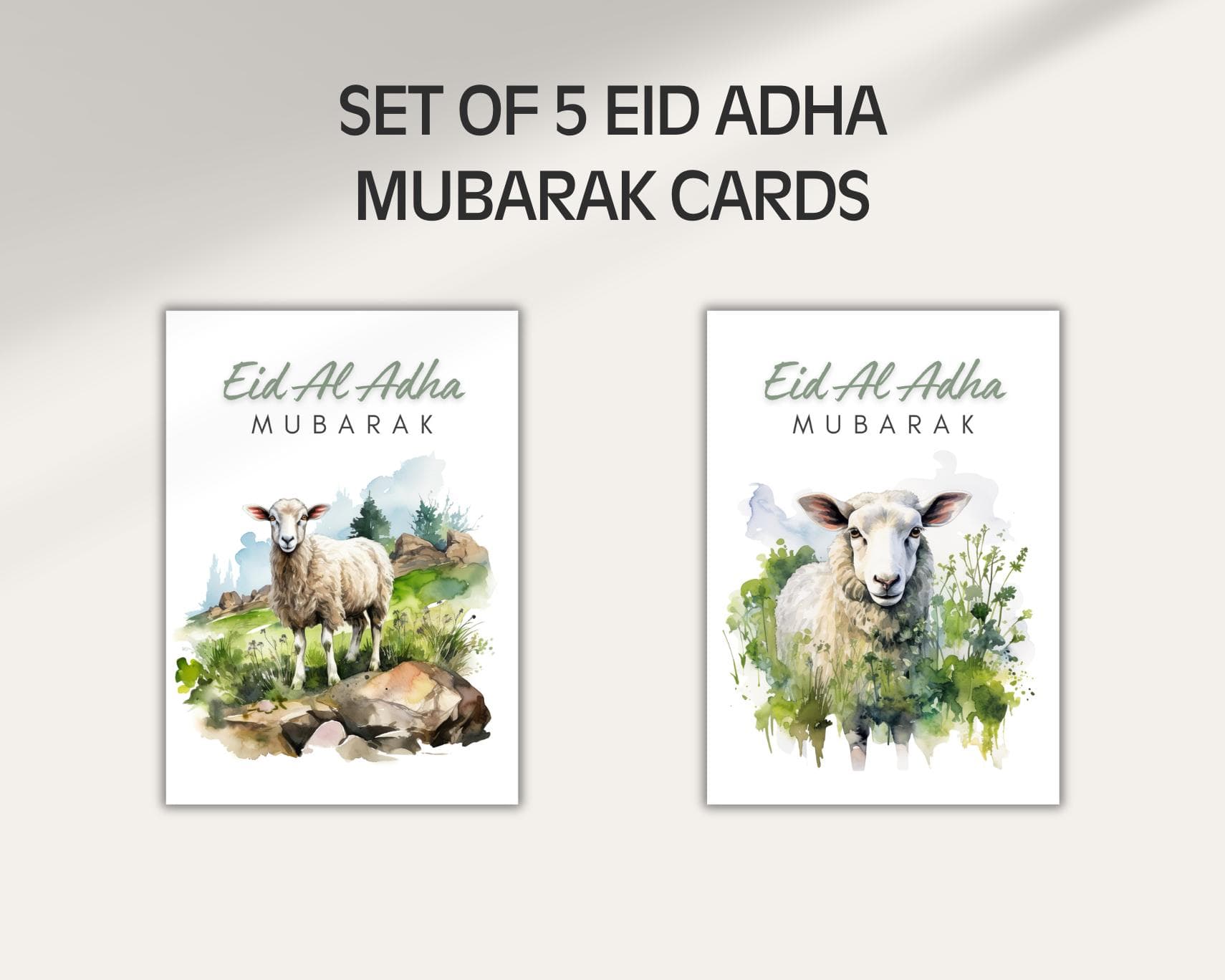 Set of 5 Watercolor Eid Al Adha Cards, Eid Mubarak Greetings (Digital Download) - image 3
