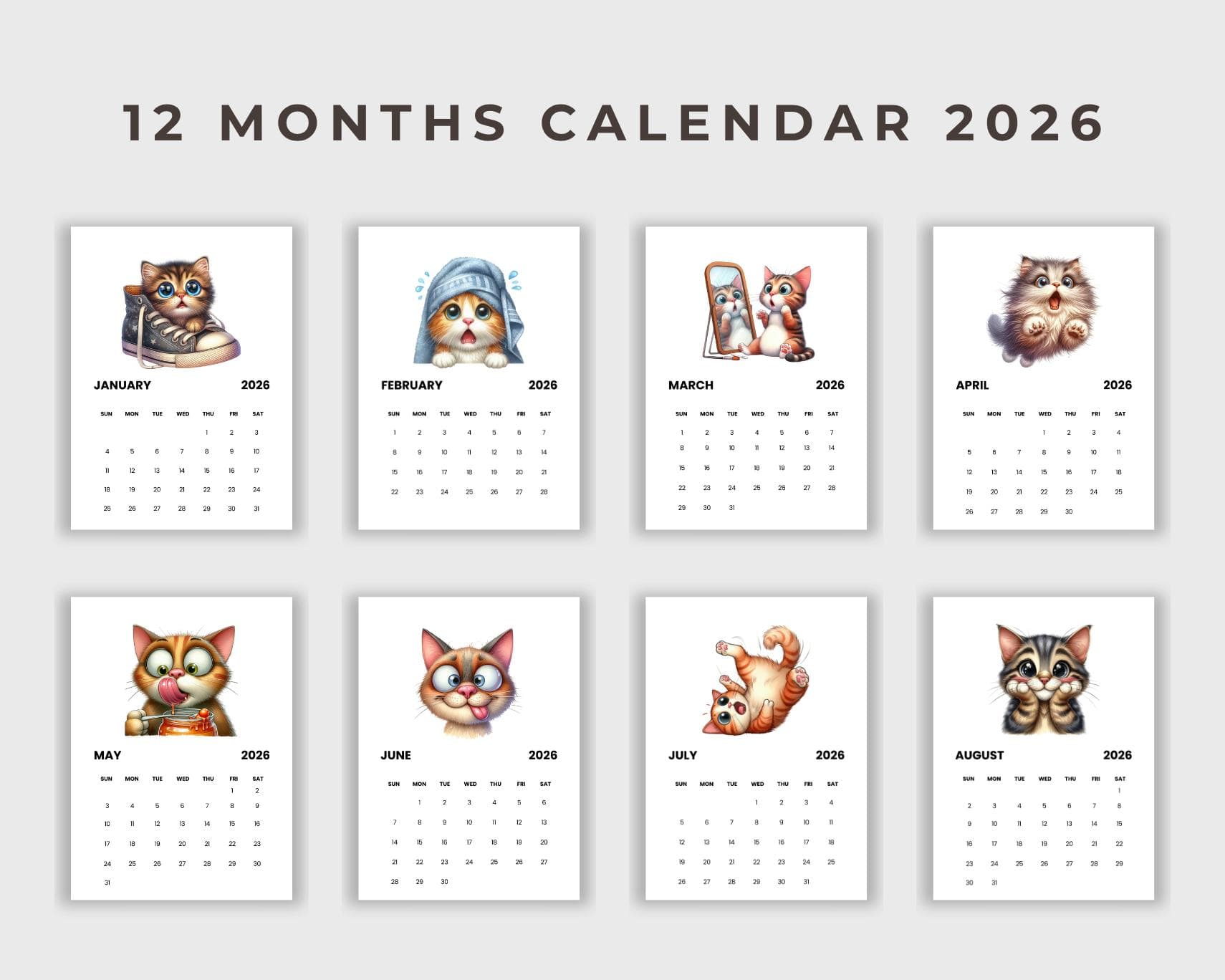 Funny Cat Calendar 2026 | A5 Printable PDF | Sunday Start | Digital Download | Canva Template - image 3