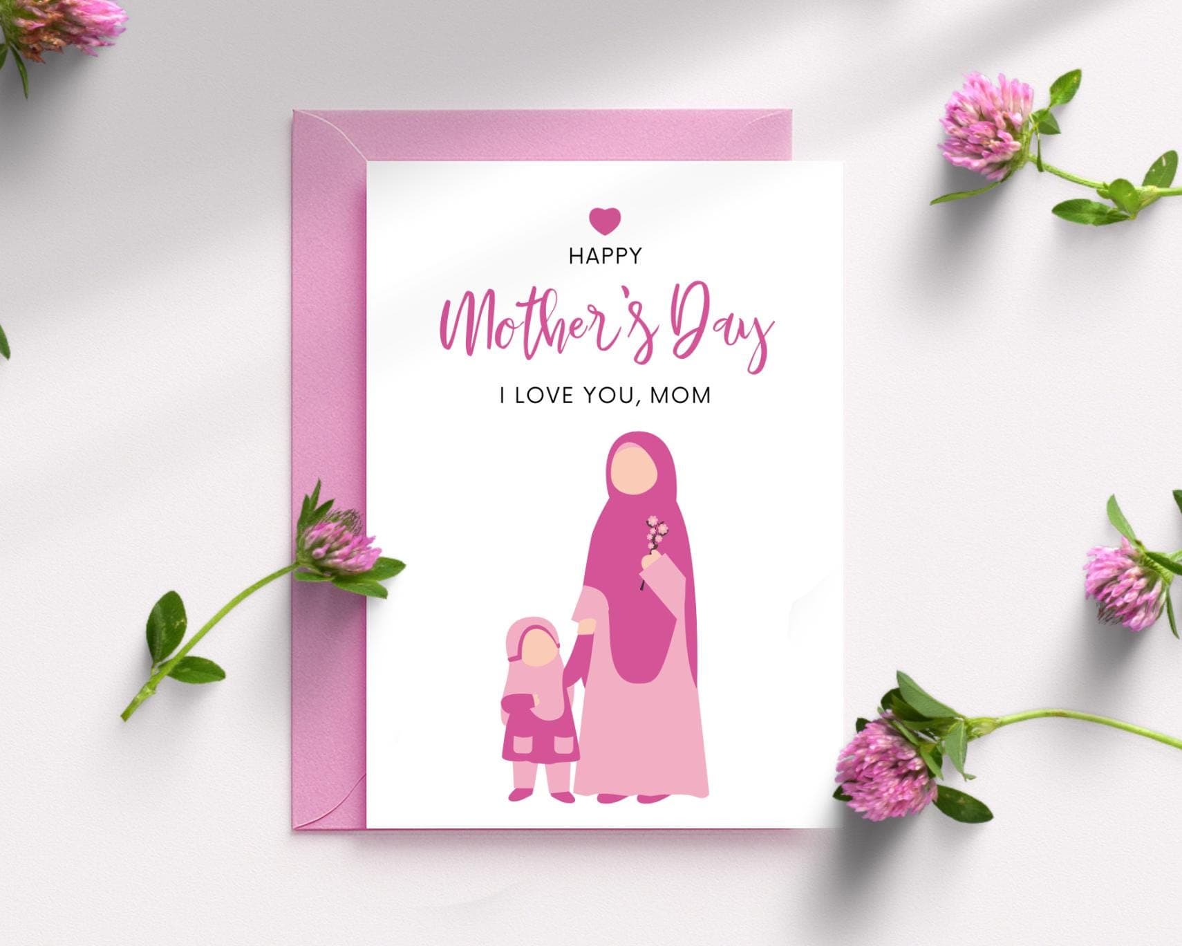 Pink Muslim Mother's Day Card, Hijabi Mom With Daughter Card, Digital download