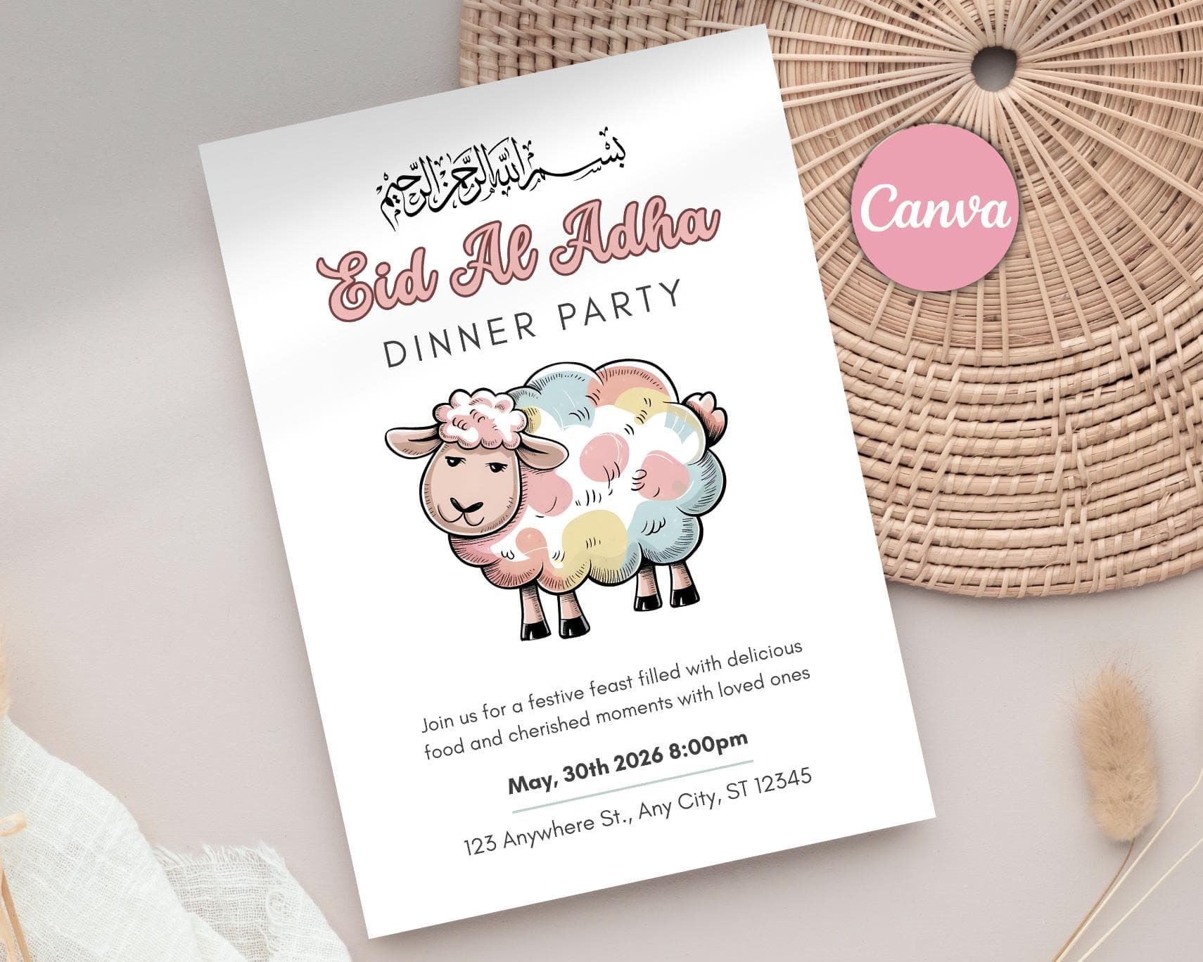 Eid Al Adha Dinner Party Invitation, Pastel Sheep Design (Digital Download)