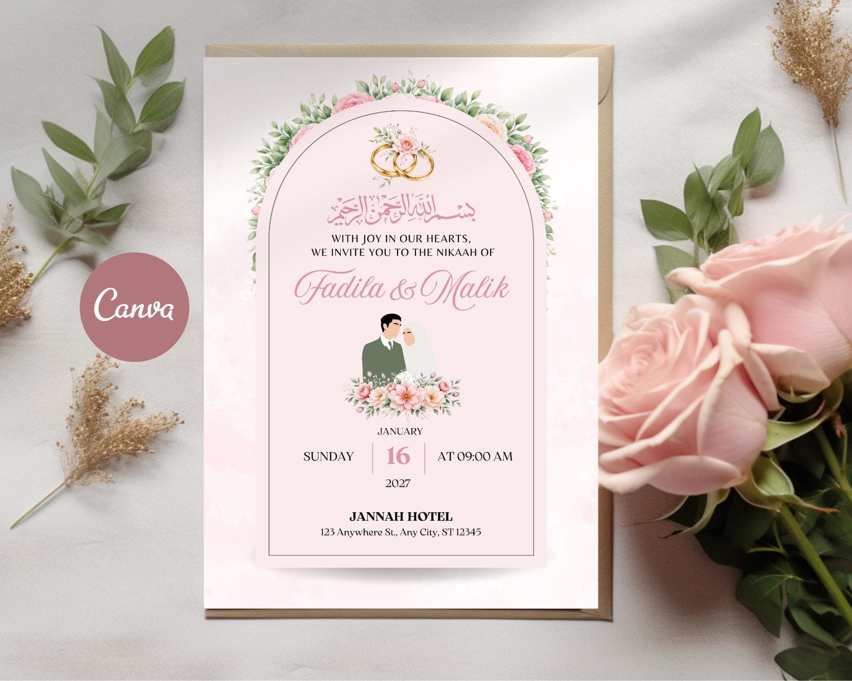 Pink Muslim Wedding Invitation Template, Editable Nikah Card, Islamic Walima Invite (Digital Download)