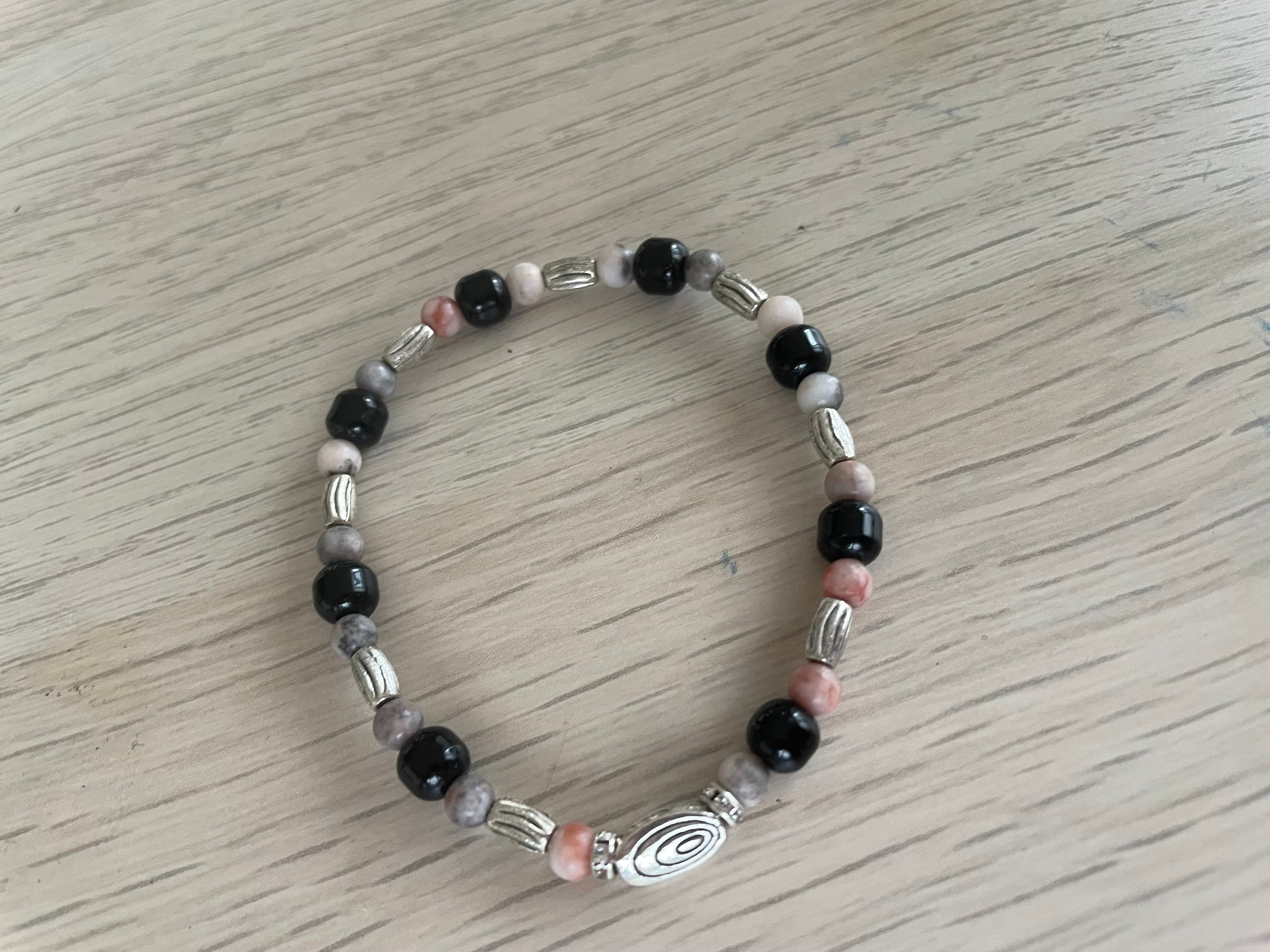 Pink Zebra Jasper and Black Glass Bead Bracelet - image 5