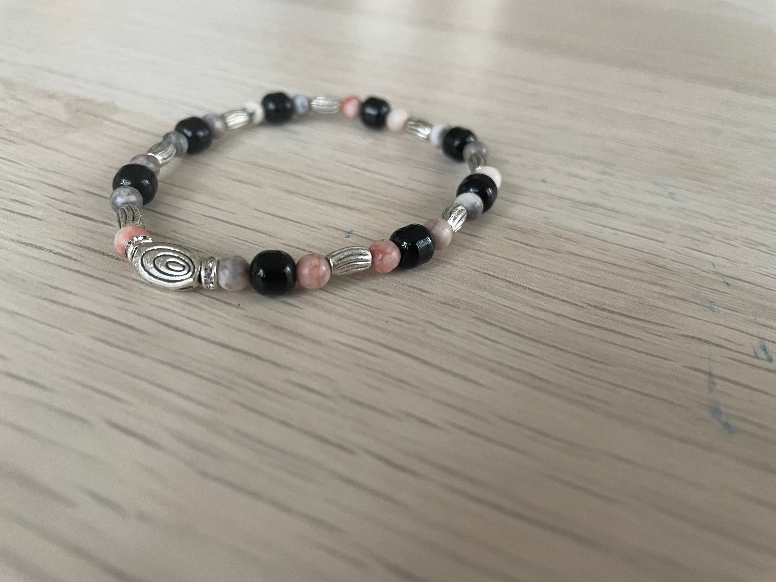 Pink Zebra Jasper and Black Glass Bead Bracelet