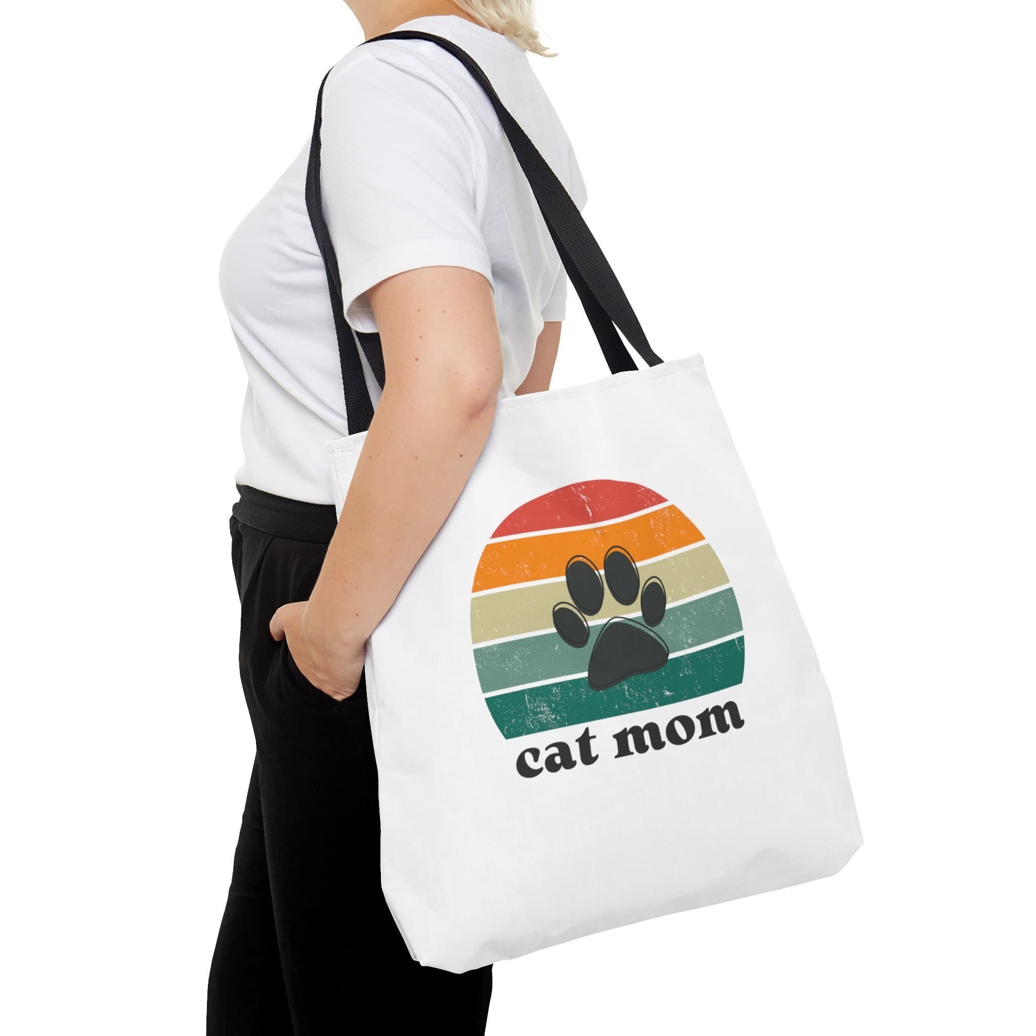 Retro Cat Mom Tote Bag: Polyester with Black Handles