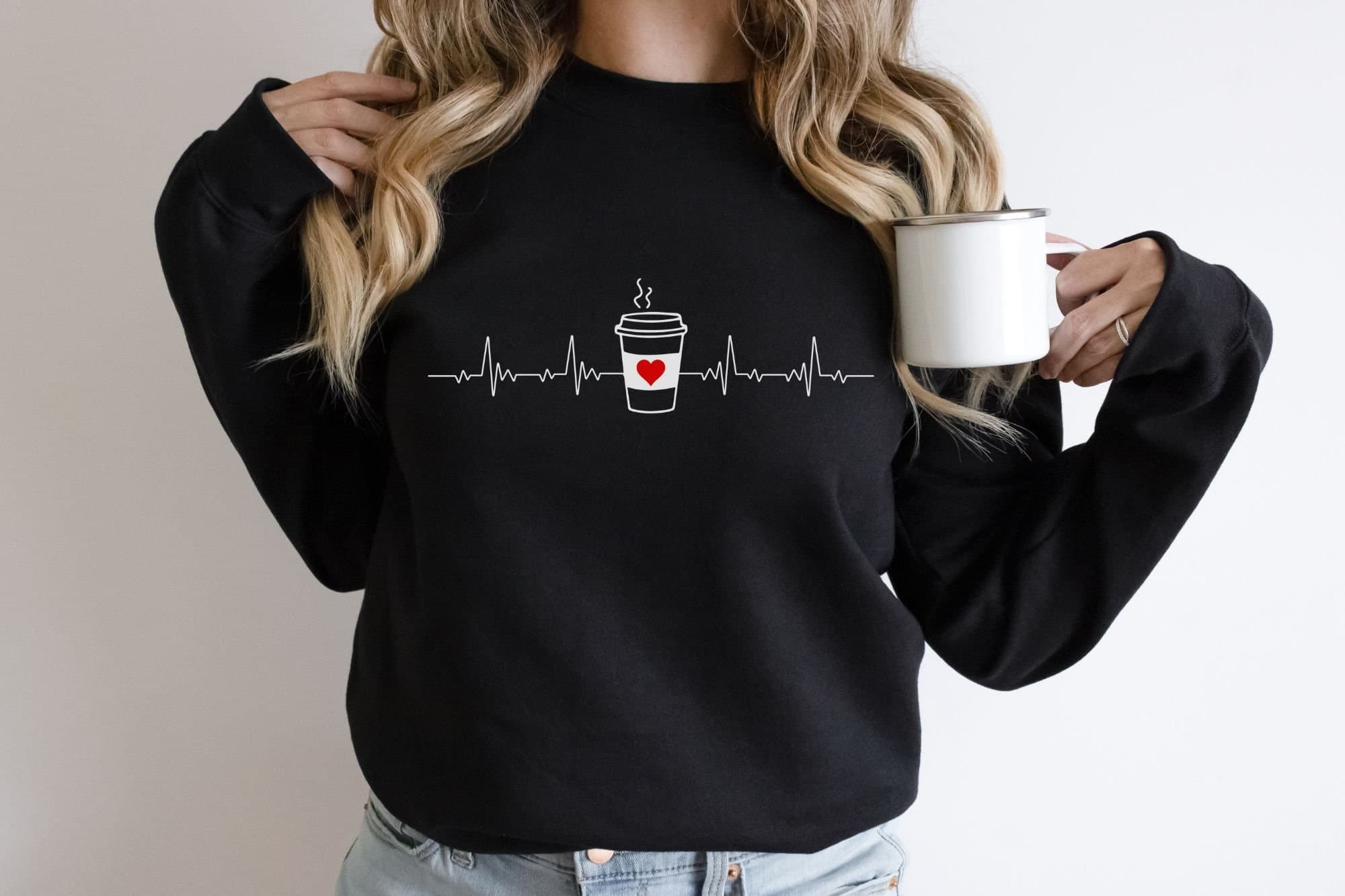 Coffee Heartbeat Mom Life Crewneck Sweatshirt, Caffeine Lover Gift