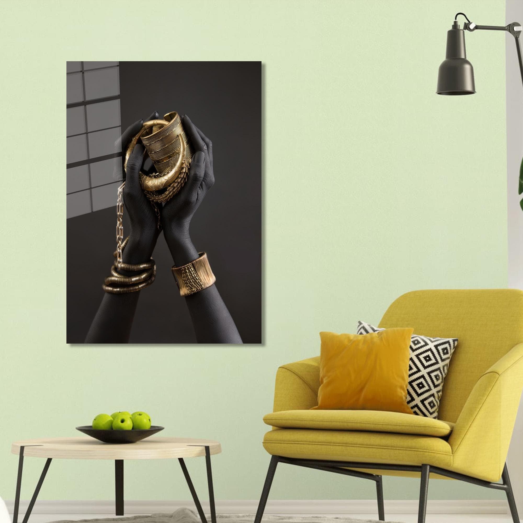 African Woman Gold Jewelry Tempered Glass Wall Art