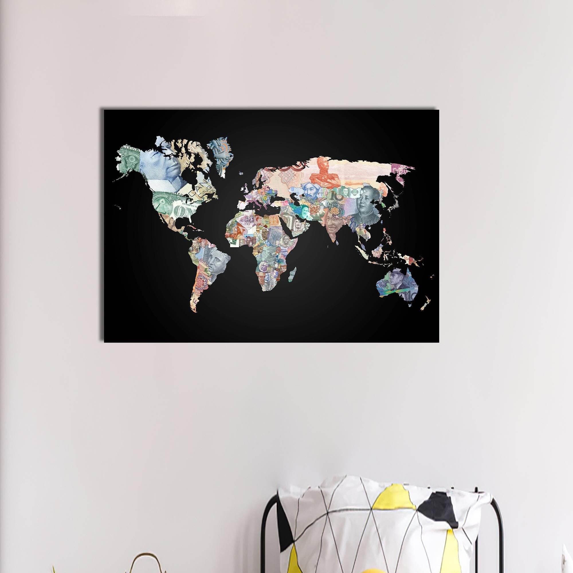 Office Glass Wall Art, Map Wall Decoration, Money World Map Glass Decor, Large Wall Art, Black Glass Wall Art, Personalized Wedding Gift,