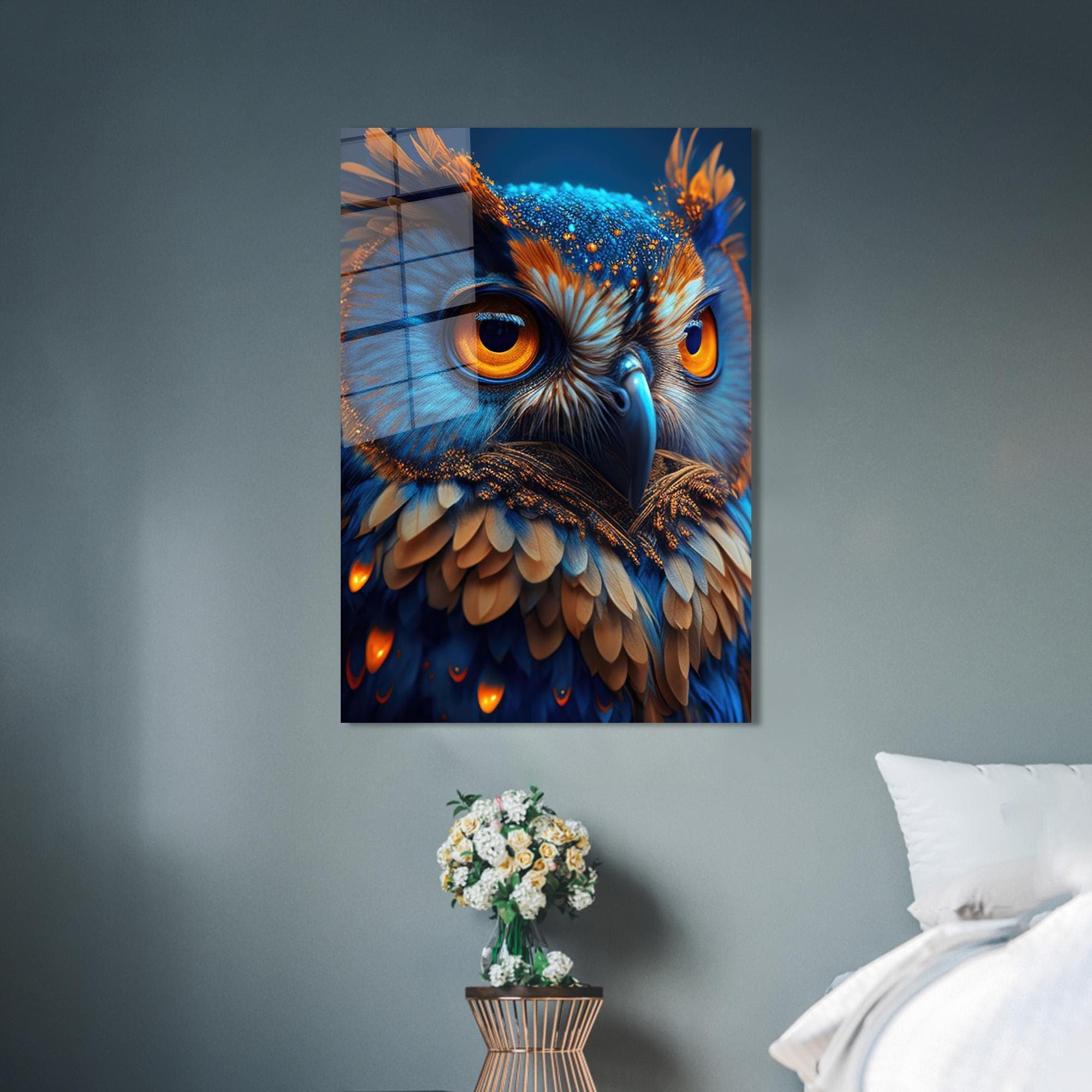 Personalized Gift For Dad, Animal Wall Decor, Owl Art Decor, Blue Wall Decor, Owl Glass Printing, Modern Wall Decor, Owl Wall Art,