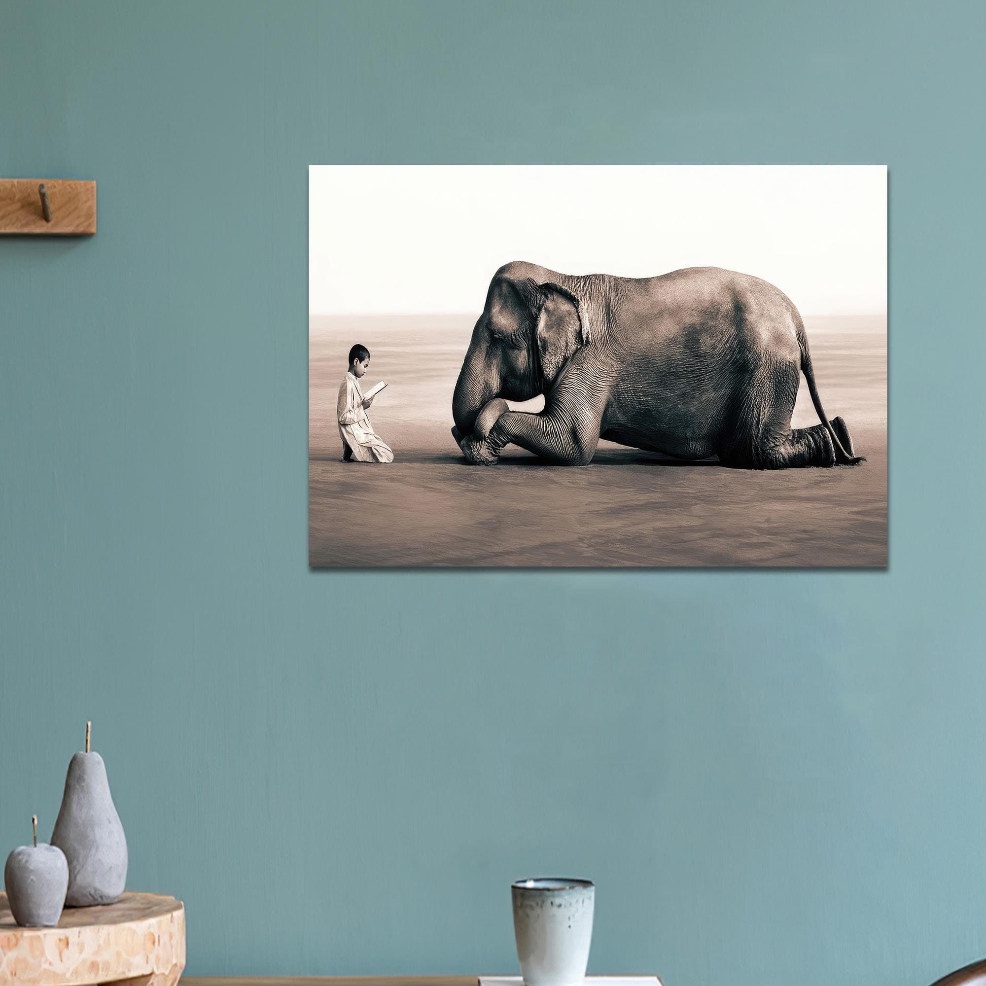 Elephant & Boy Reading Canvas Wall Art: Surreal Modern Decor