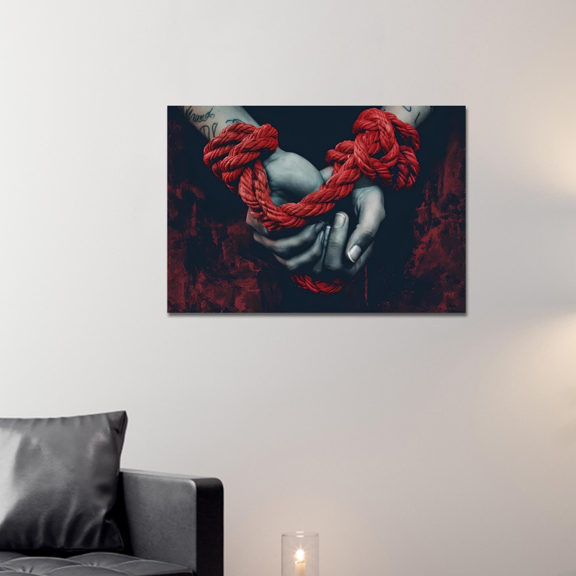 Red Rope Hands Canvas Art: Modern Love Decor