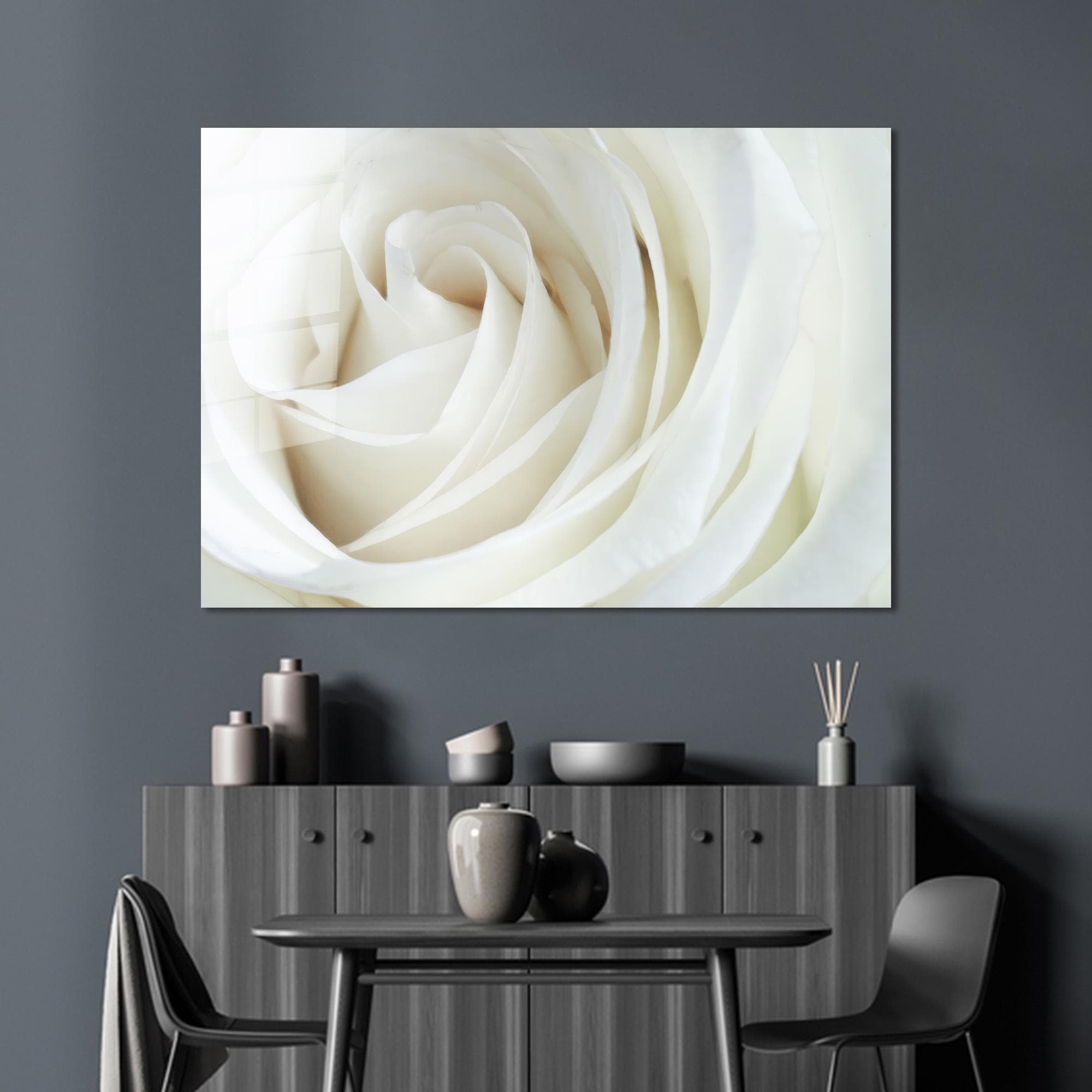 White Rose Tempered Glass Wall Art: Bohemian Home Decor