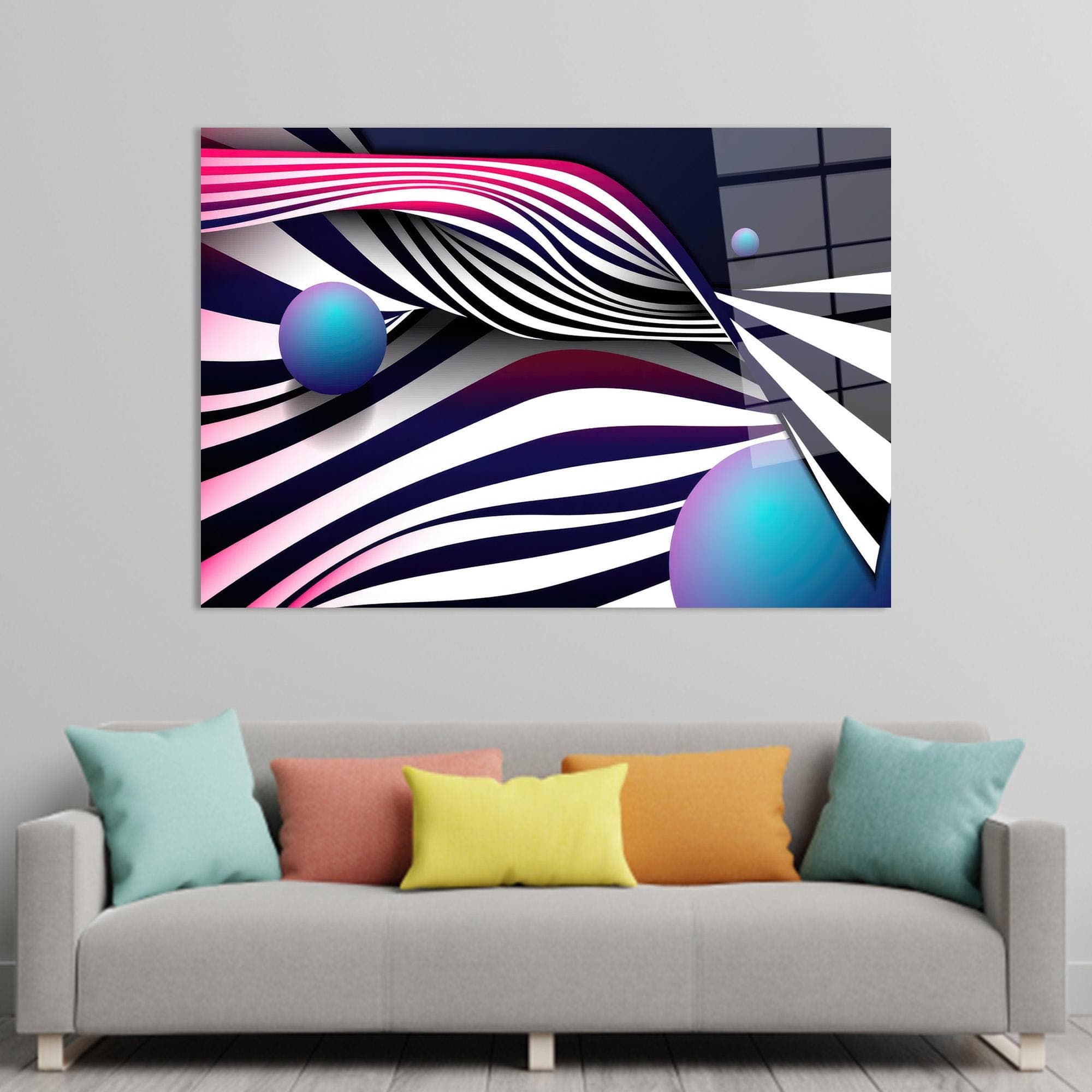 Modern Abstract Glass Wall Art: Black, White & Blue Lines Decor