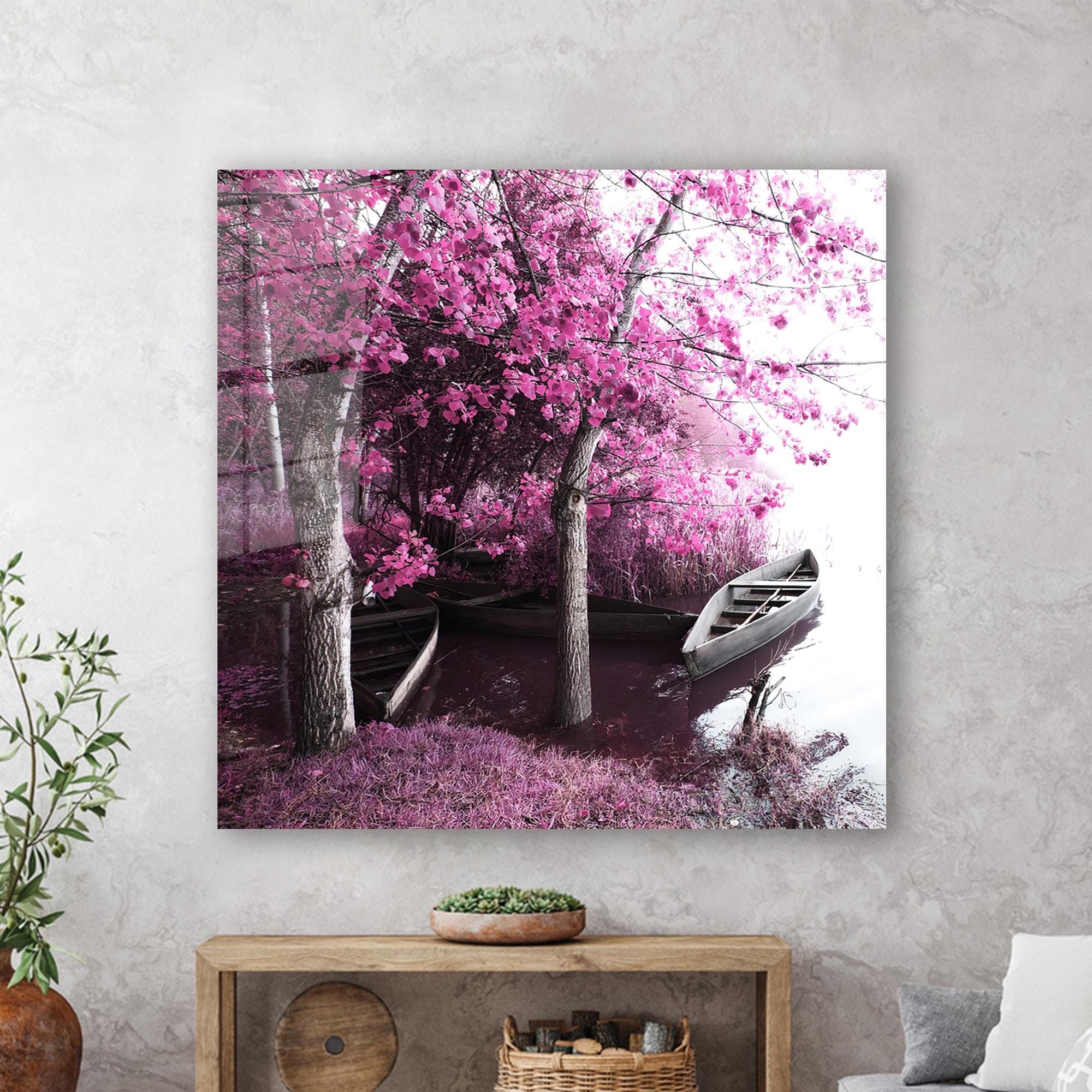 Pink Tree Landscape Glass Art: Portugal Scenery Wall Hanging