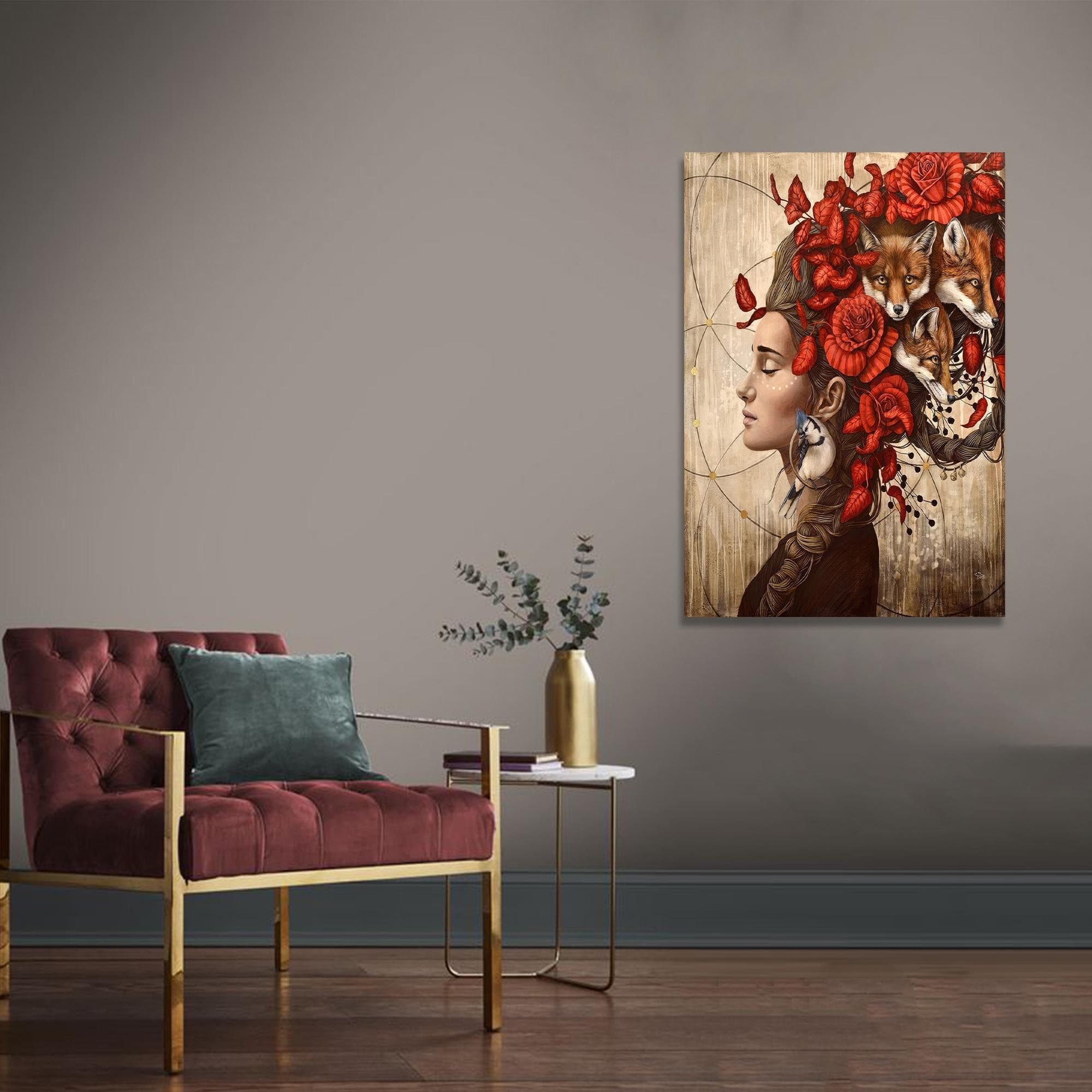 Woman and Bird Canvas Art: Floral Head Decor, Modern Print