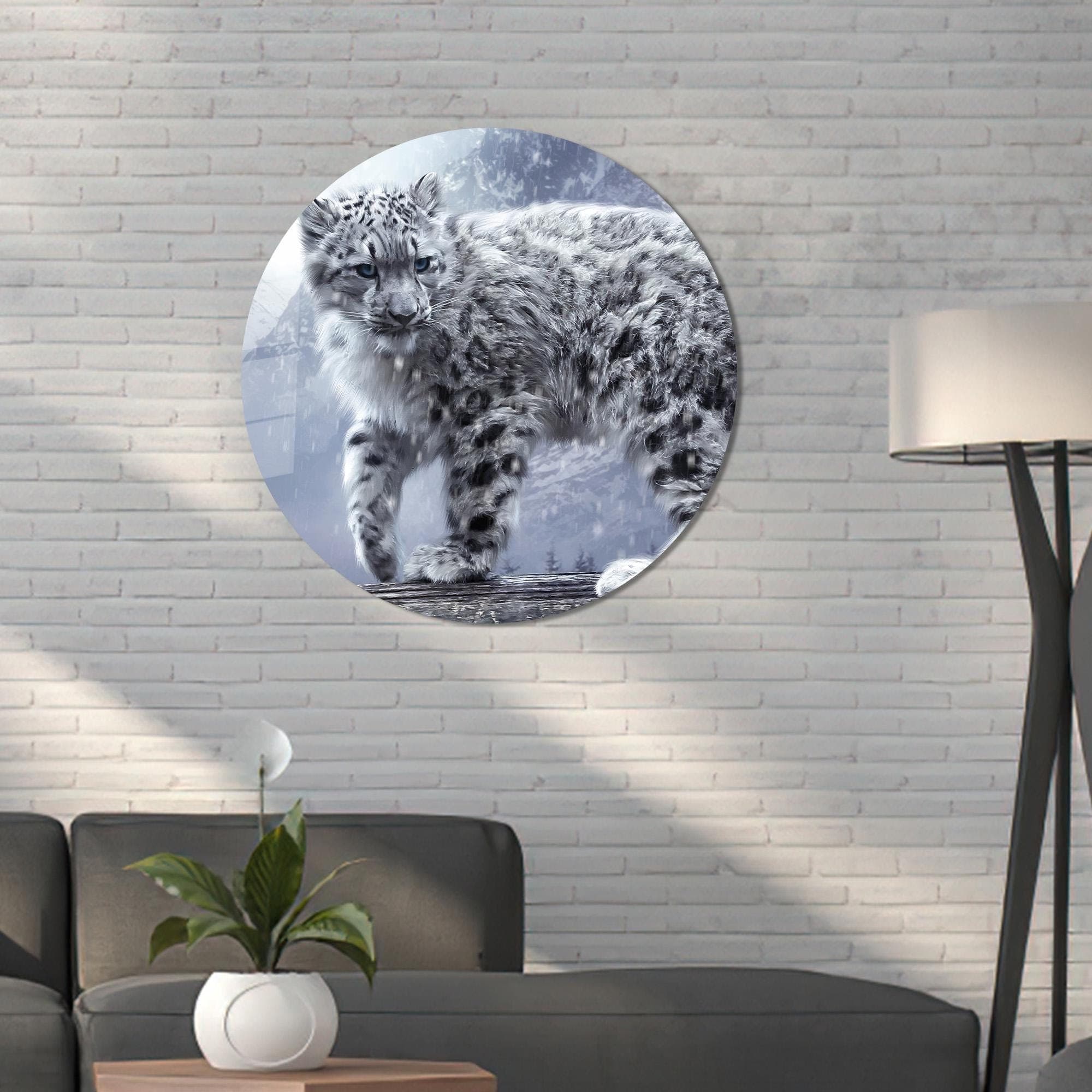 Snow Leopard Glass Wall Art: Winter Animal Print, Modern Decor