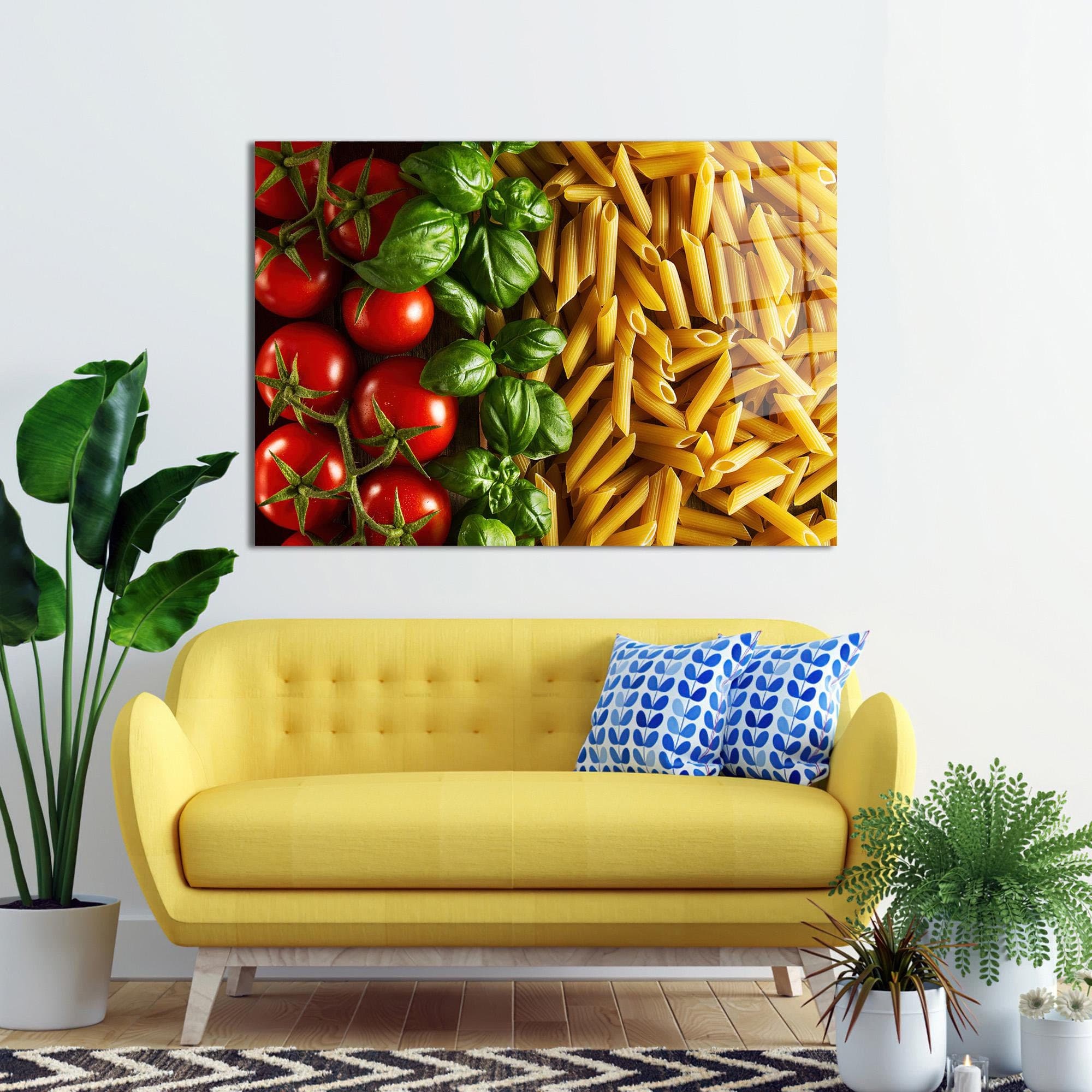 Basil & Tomato Pasta Tempered Glass Wall Art: Italian Kitchen Decor
