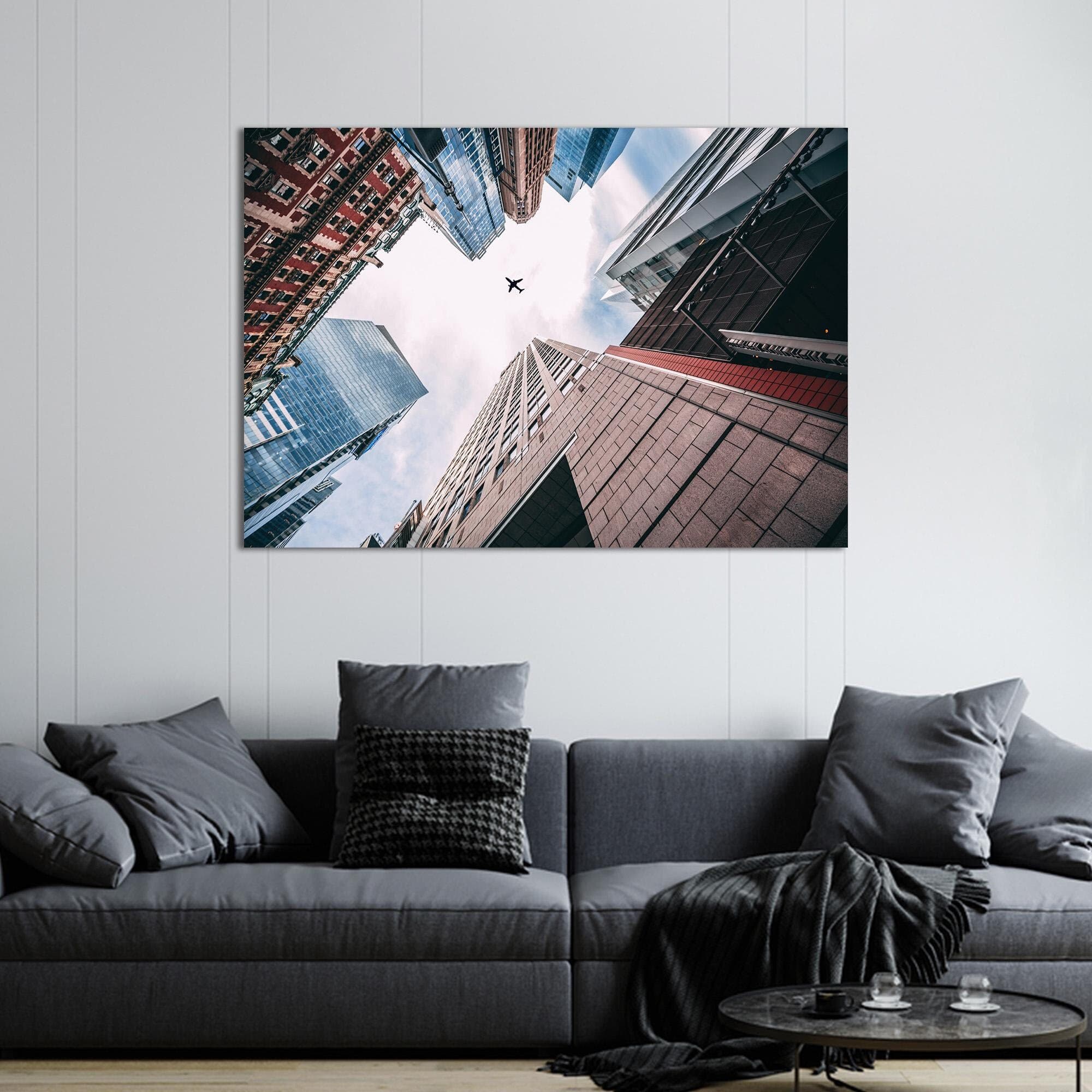 Cityscape Canvas Print: Airplane in Sky, Modern Wall Art