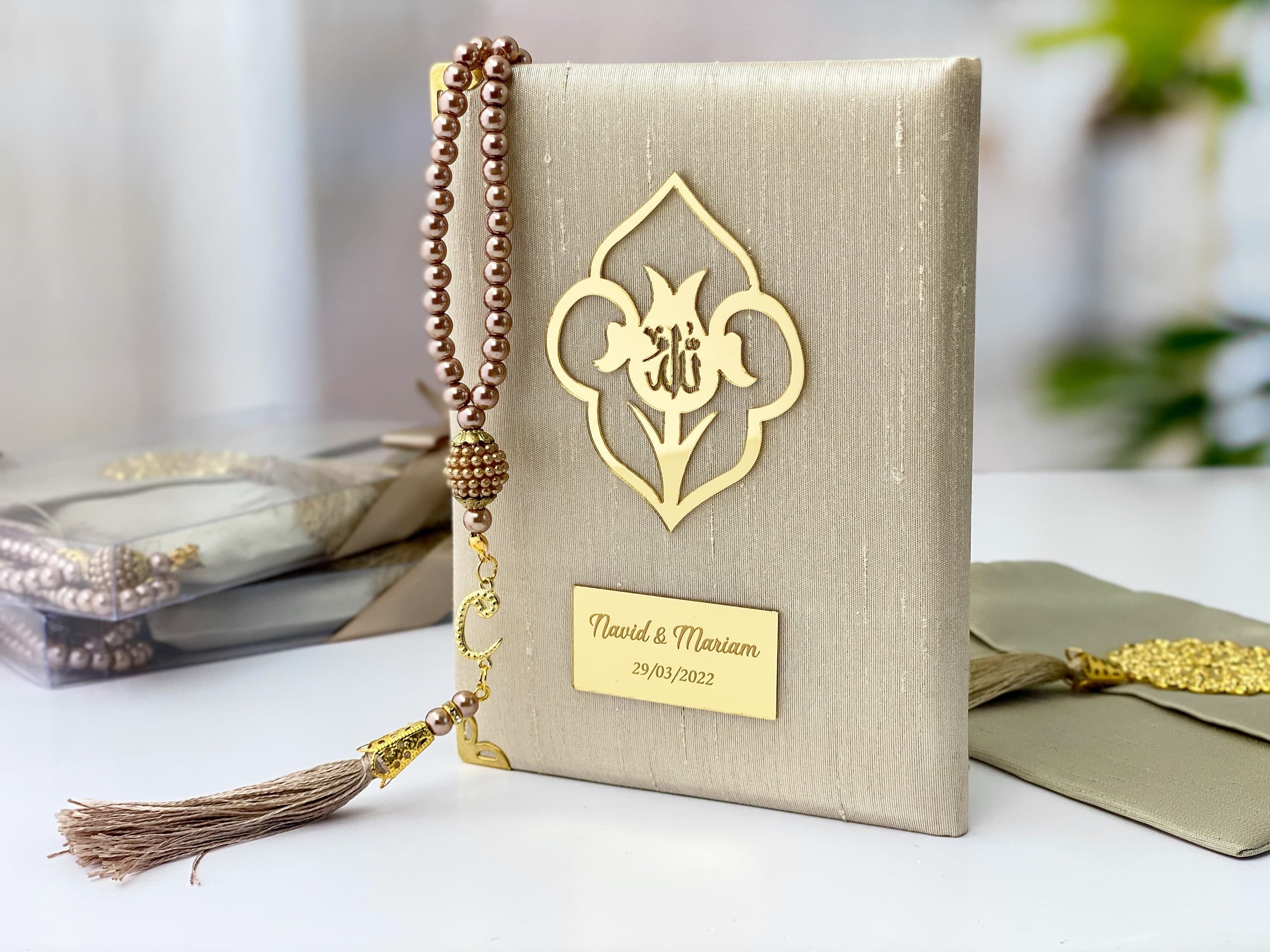Personalized Yaseen Book Set: Slub Shantung, Pearl Tasbih, Islamic Gift