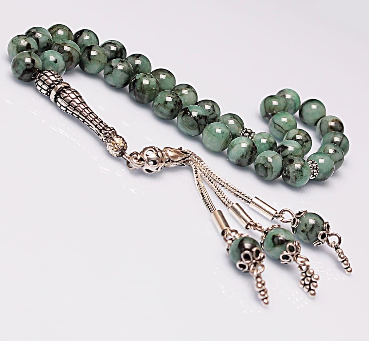 Real Emerald Tasbih 33 Beads, Islamic Prayer Beads, Misbaha, 925 Silver Tassel, Tasbeeh, Sibha, 8mm Gemstone Rosary, Personalized Gift