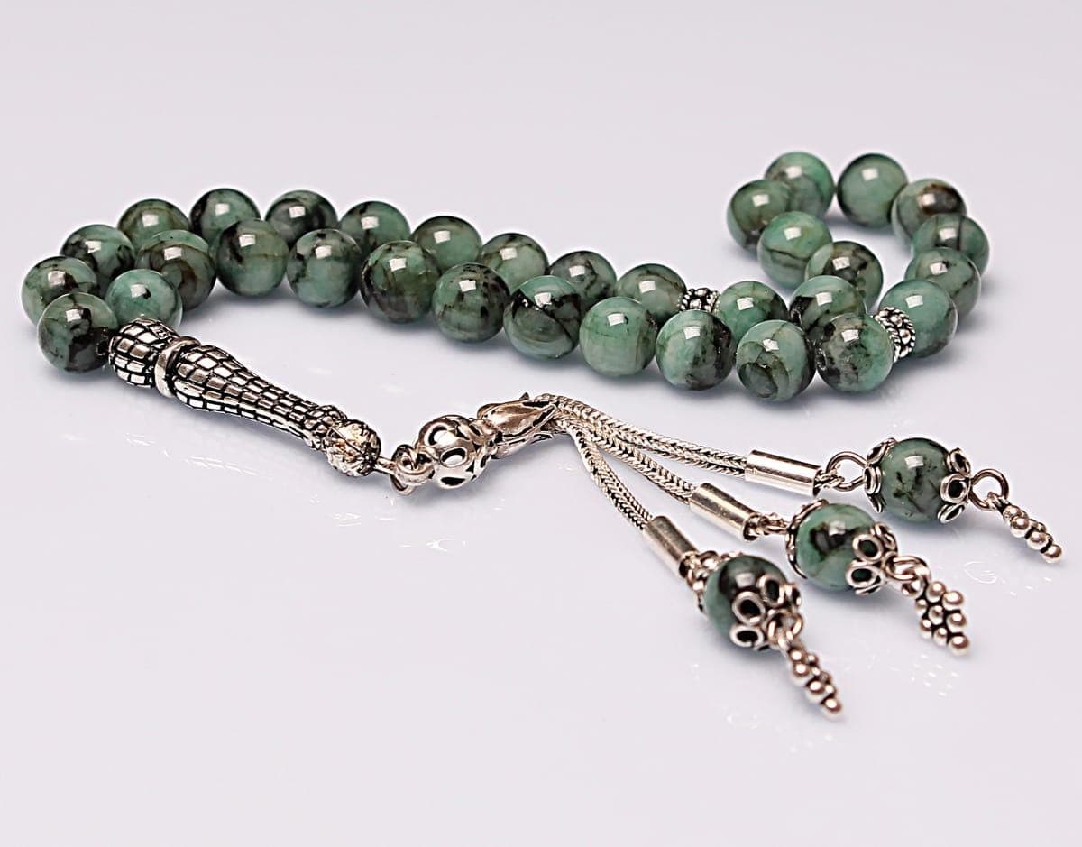 Real Emerald Tasbih 33 Beads, Islamic Prayer Beads, Misbaha, 925 Silver Tassel, Tasbeeh, Sibha, 8mm Gemstone Rosary, Personalized Gift - image 3