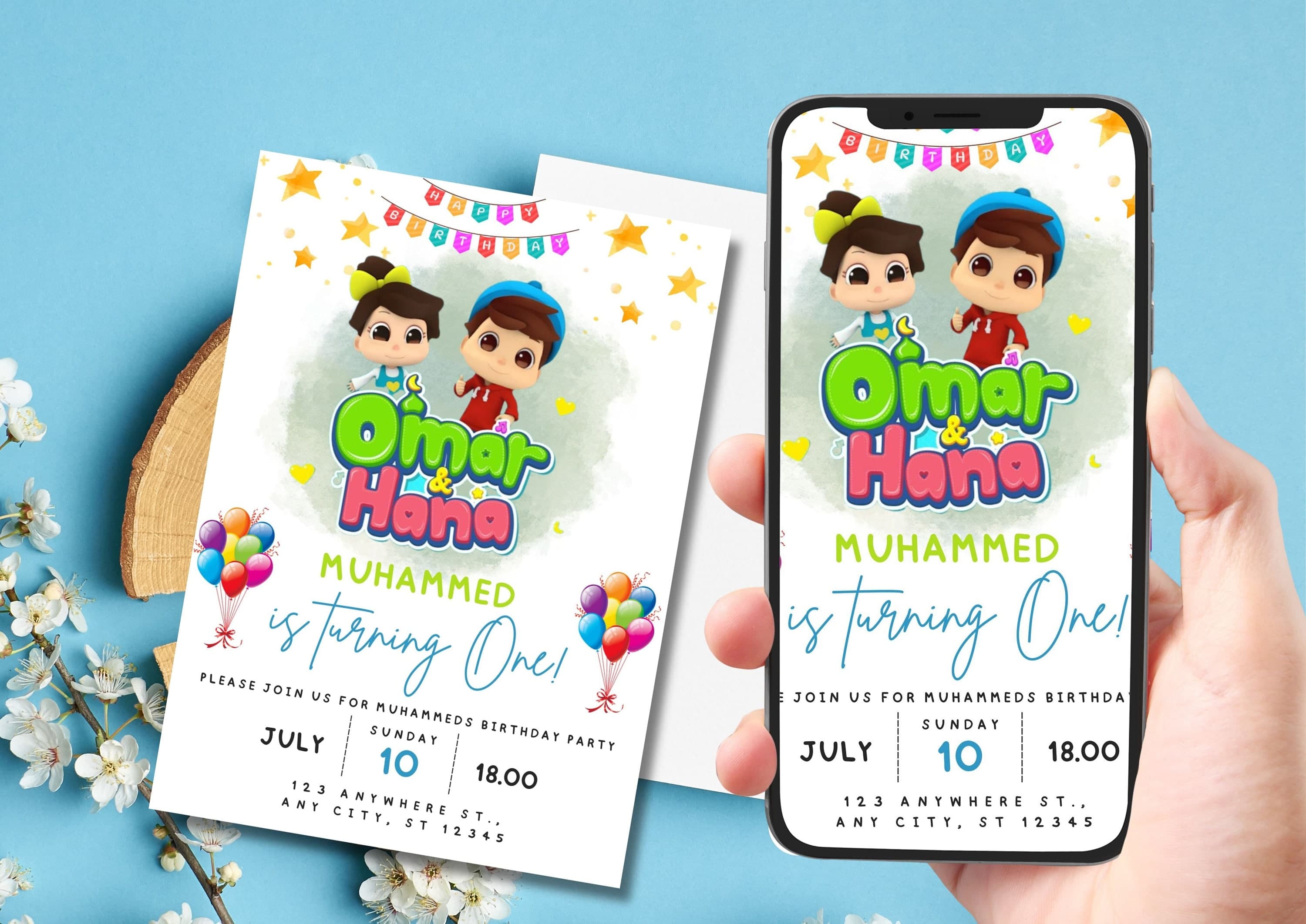 Editable Omar and Hana Birthday Invitation, Digital Kids Birthday invite, Birthday invitation, Birthday Party Invitation, Omar and Hana card
