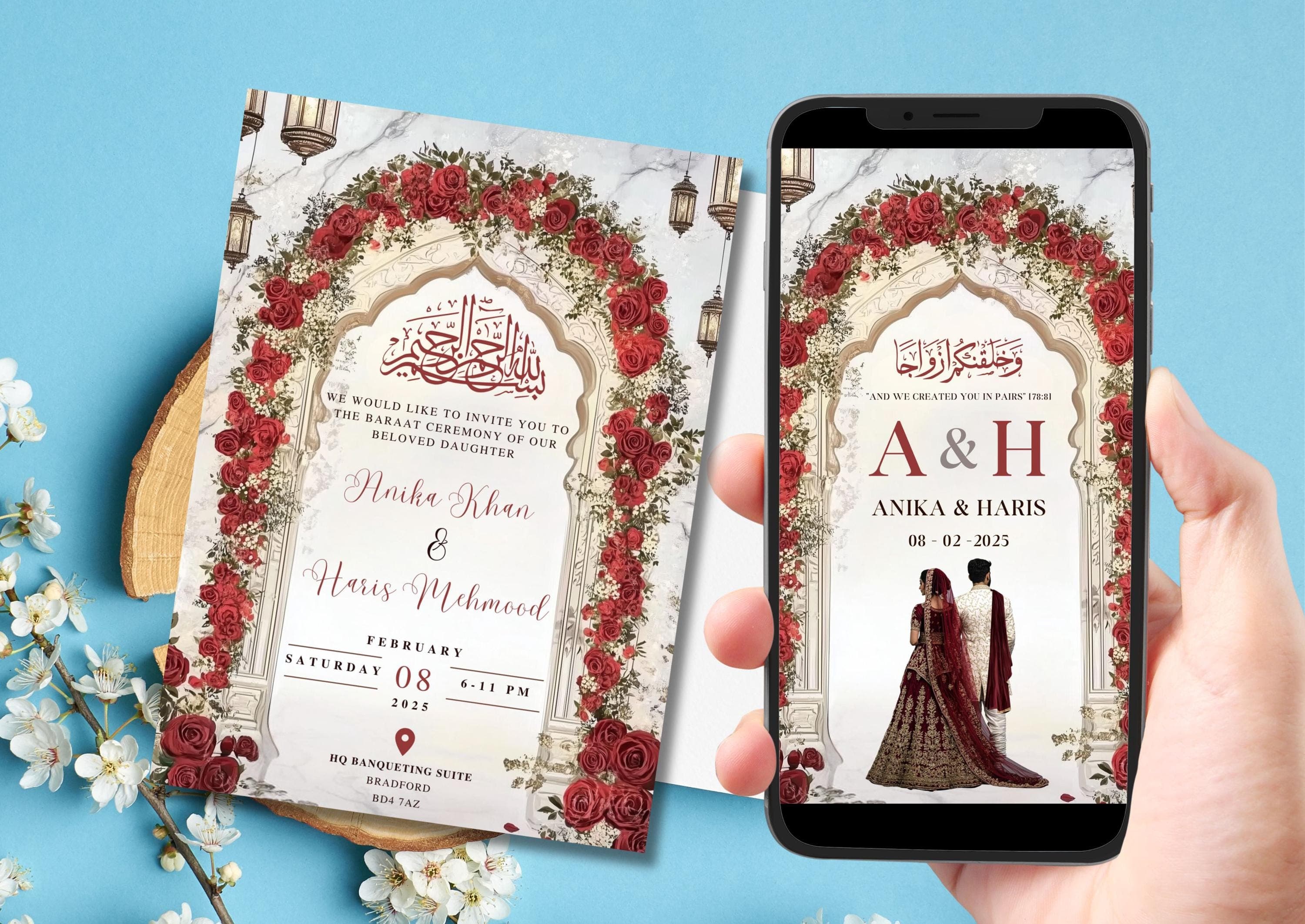 Editable Digital Muslim Wedding Invitation Template, Animated Wedding Invitation, Nikkah Red Arch Wedding Invite, Red Baraat Invitation