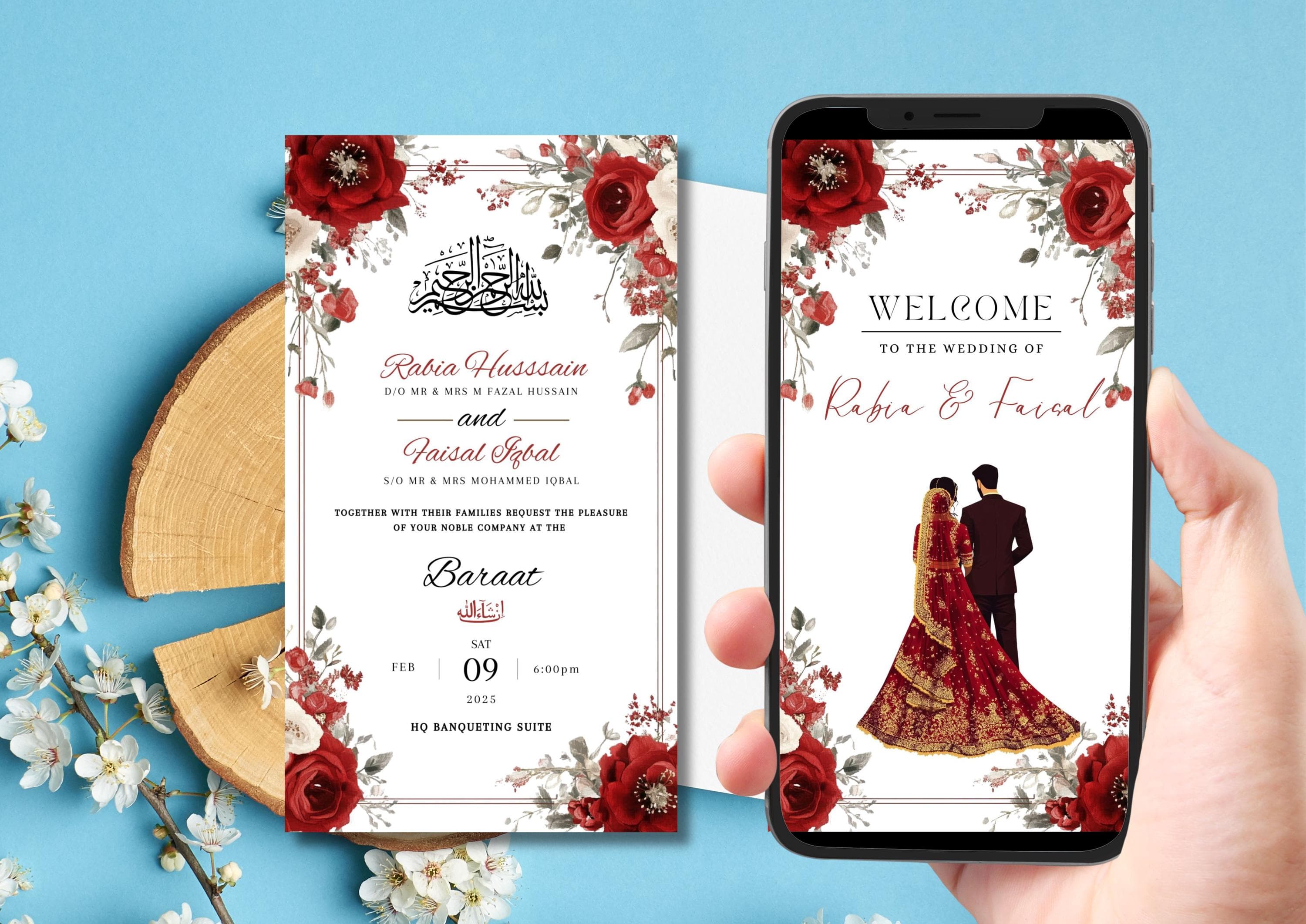 Editable Digital Muslim Wedding Invitation Template, Animated Wedding Invitation, Nikkah red floral Wedding Invite, Red Baraat invite