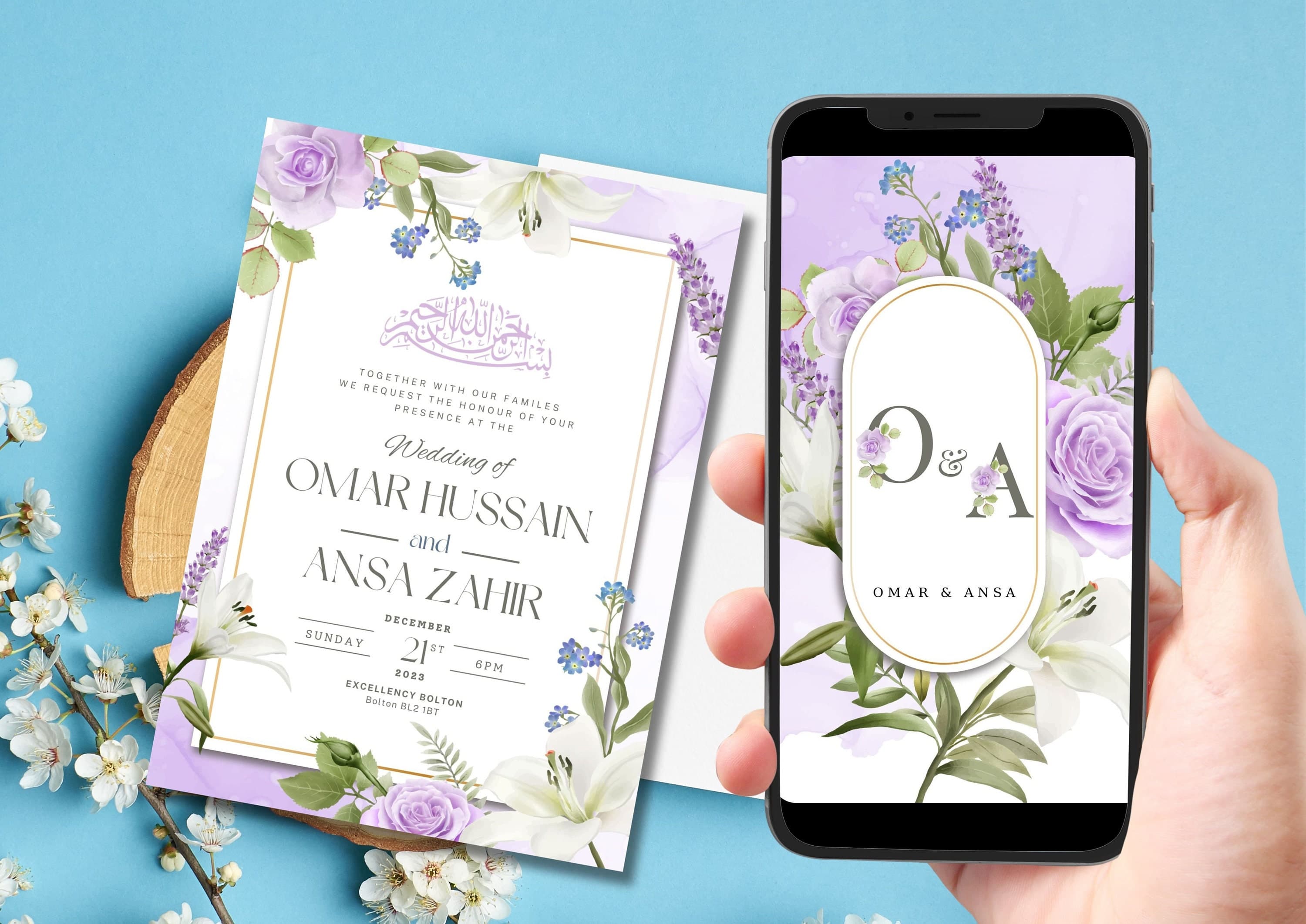 Digital Muslim Wedding Invitation Template, Electronic Purple Floral Green Nikkah Invitation, Nikkah Walimah Shaadi, Animated Wedding Invite
