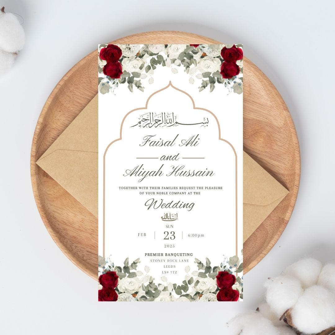 Editable Digital Muslim Wedding Invitation Template, Animated Wedding Invitation, Red and white Rosed Wedding Invite, Nikkah Baraat invite - image 3