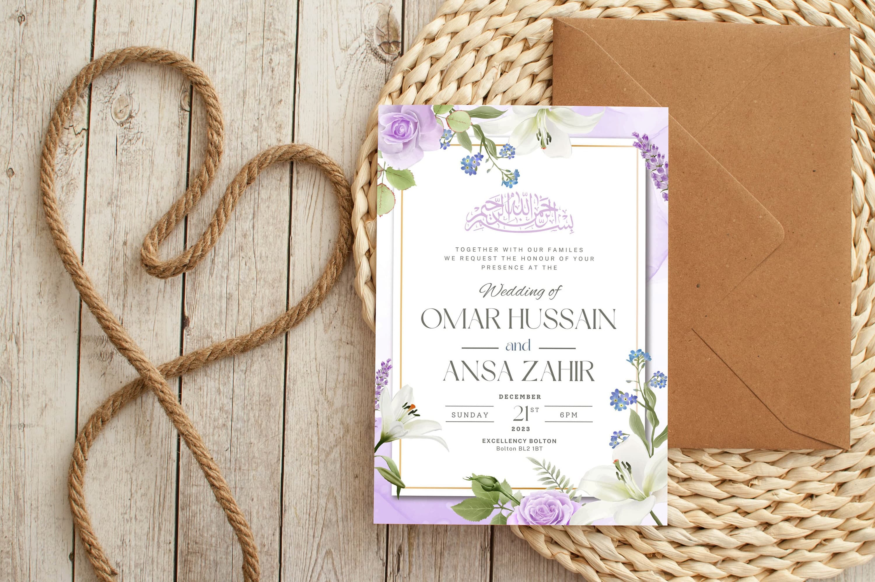 Digital Muslim Wedding Invitation Template, Electronic Purple Floral Green Nikkah Invitation, Nikkah Walimah Shaadi, Animated Wedding Invite - image 3