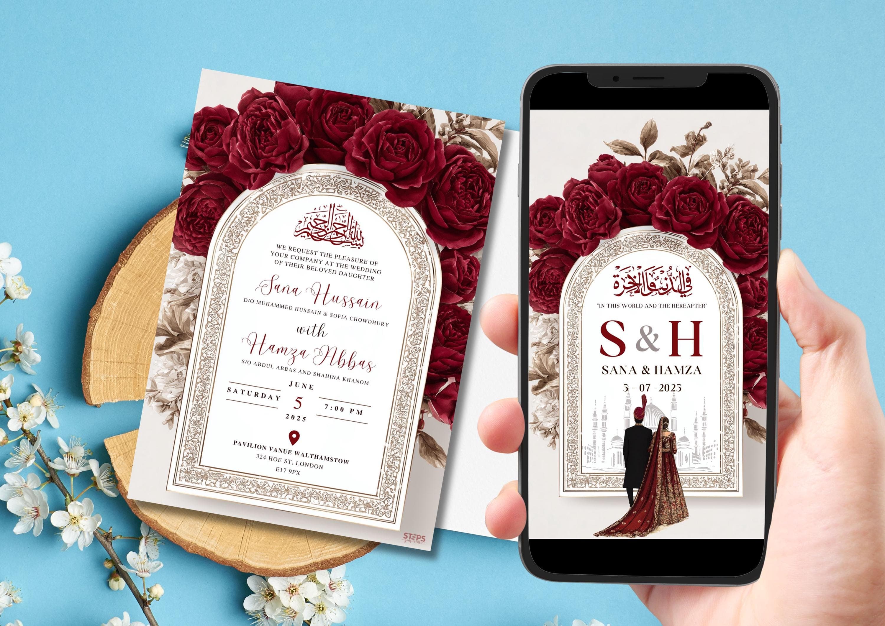 Editable Digital Muslim Wedding Invitation Template, Animated Wedding Invitation, Nikkah Maroon Arch Wedding Invite, Red Baraat Invitation