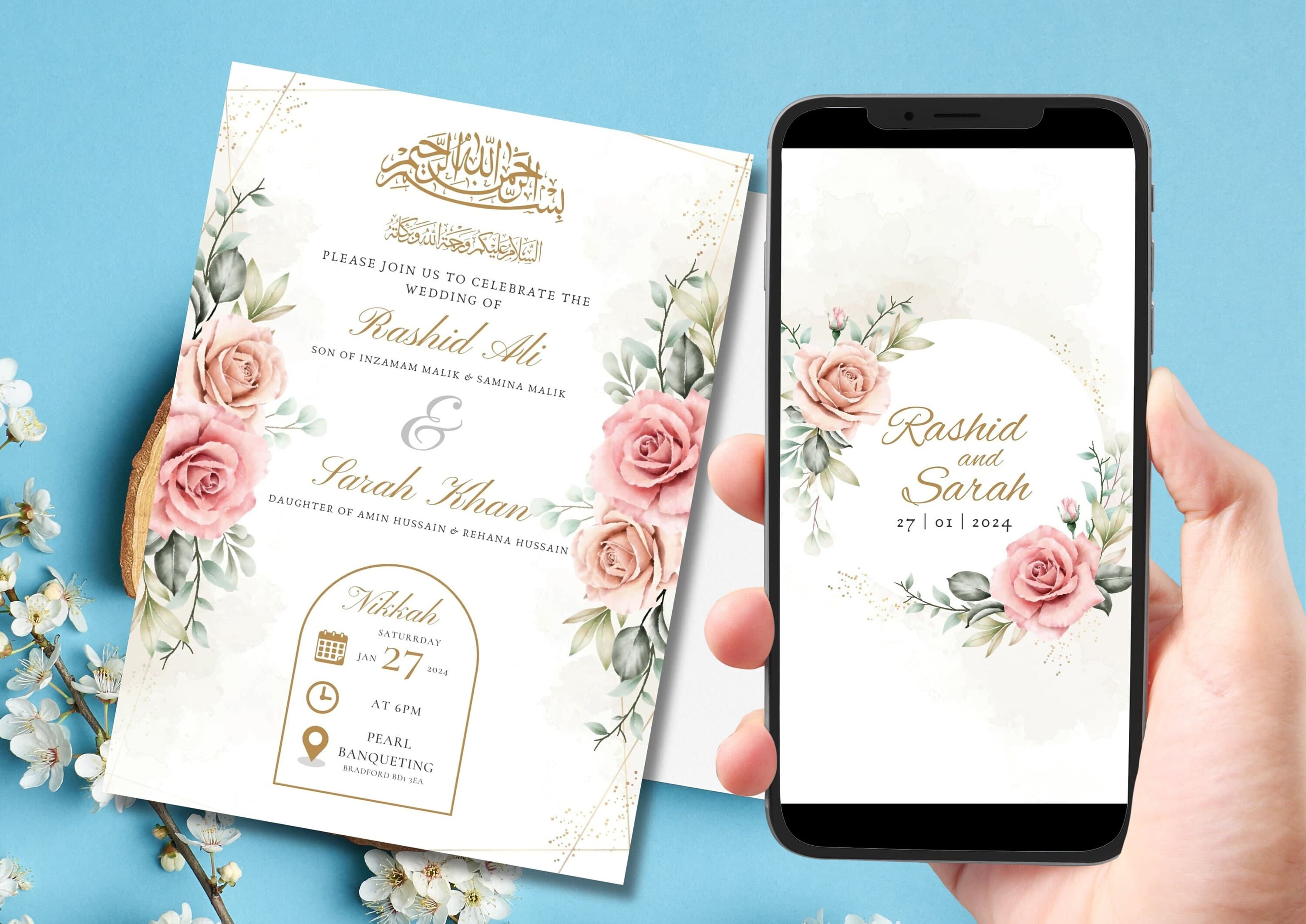 Digital Muslim Wedding Invitation Template, Pink Floral Nikah Wedding Invitation, Editable Muslim Desi Invitation, Animated Wedding invite