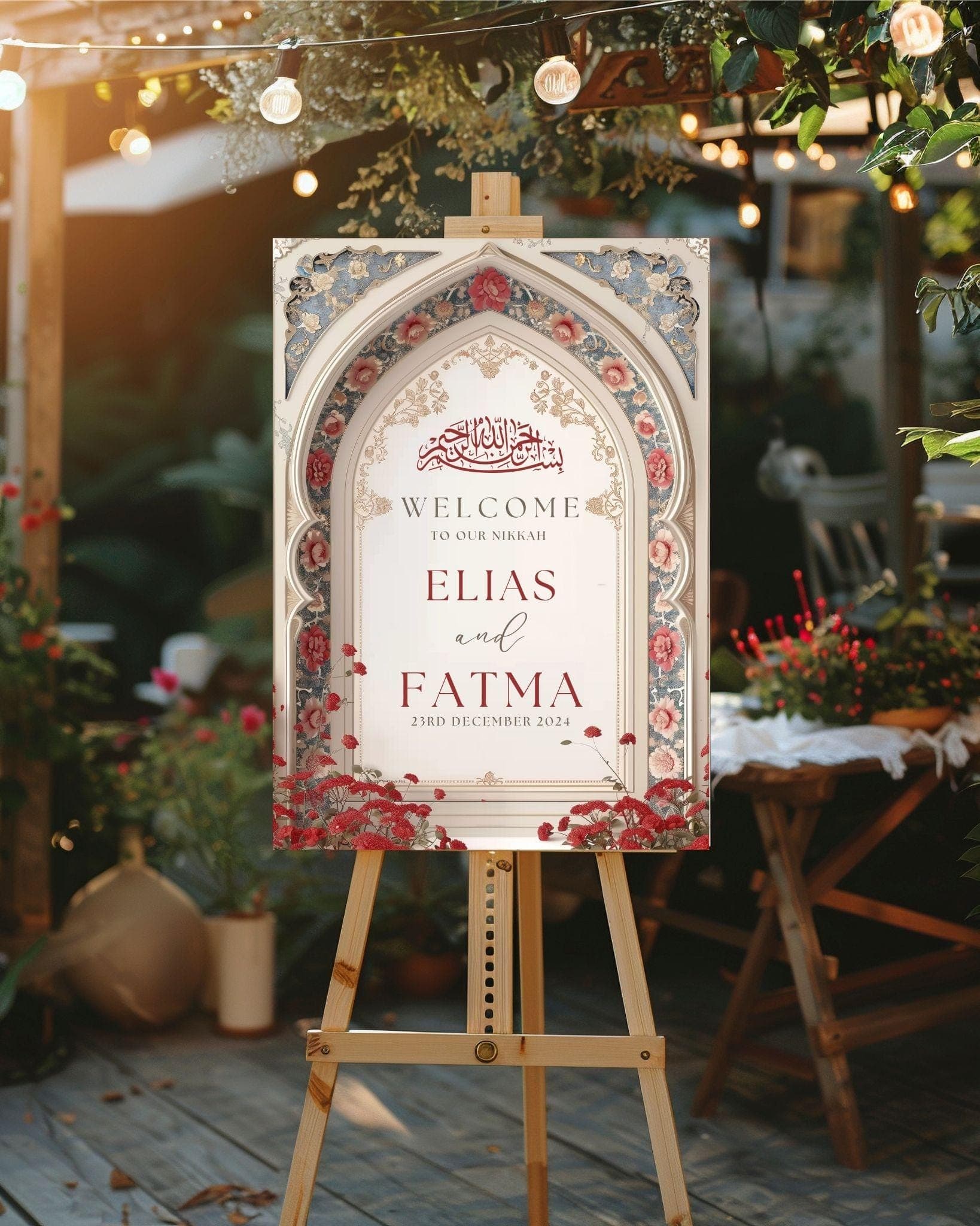 Mughal Arch Wedding Welcome Sign, A1, A2, A3, A4, Pakistani Wedding, Baraat Nikkah sign, Muslim Welcome Sign, Red flower Welcome Sign - image 3