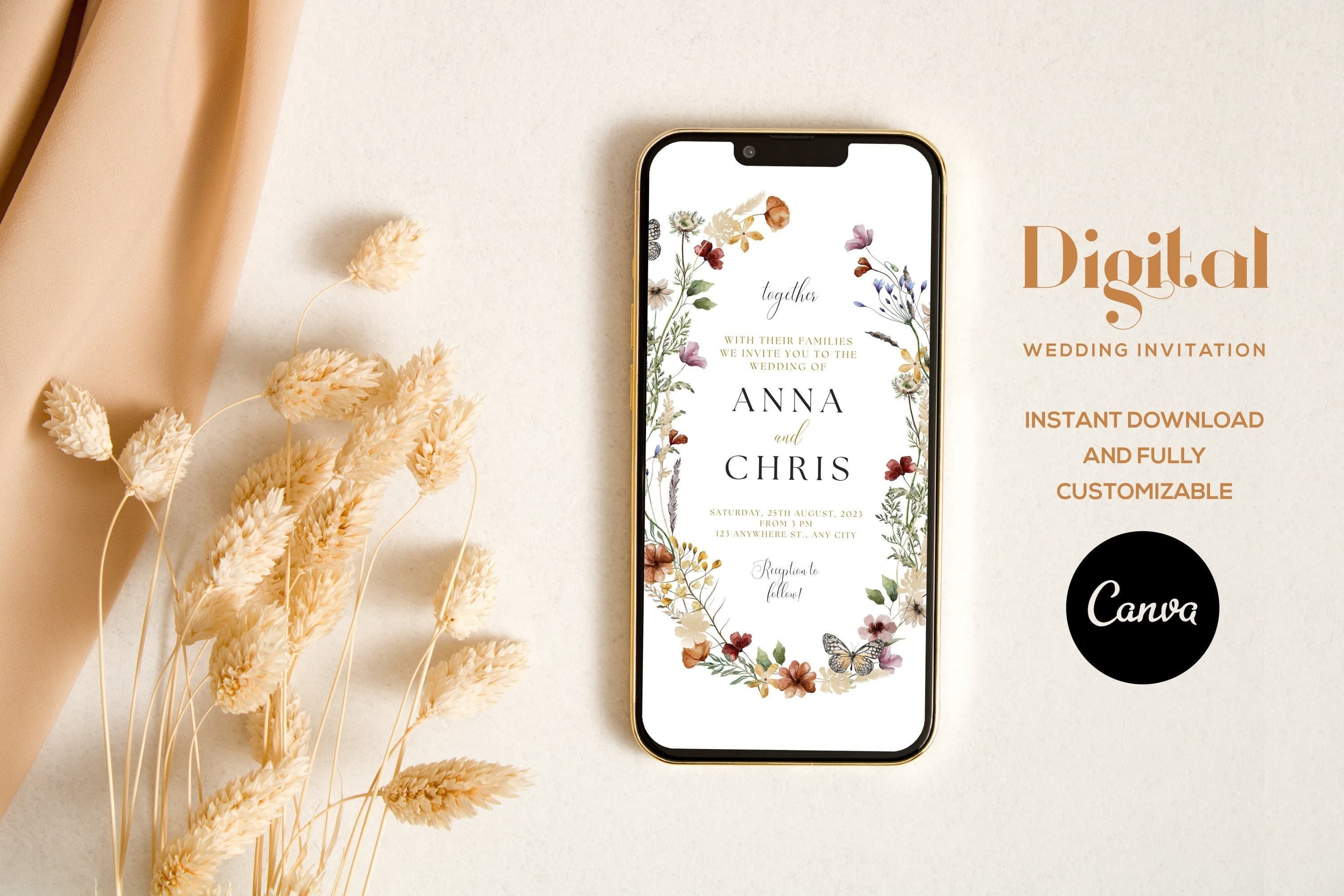 Digital Wedding Invitation, Electronic Wedding Invite, Digital Wedding card, Green Wedding E-invite, Smartphone Einvite, Instant Download