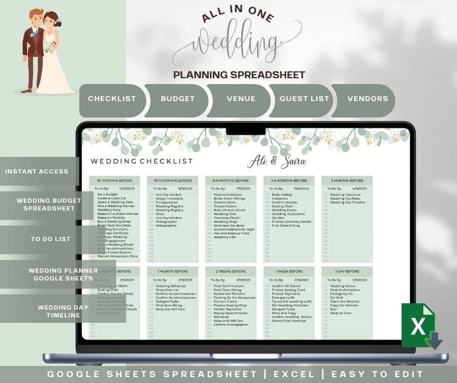 Wedding Spreadsheet, Wedding Budget Spreadsheet, Wedding Checklist, To Do List, Guest List, Wedding Planner Google Sheets, Wedding Planning