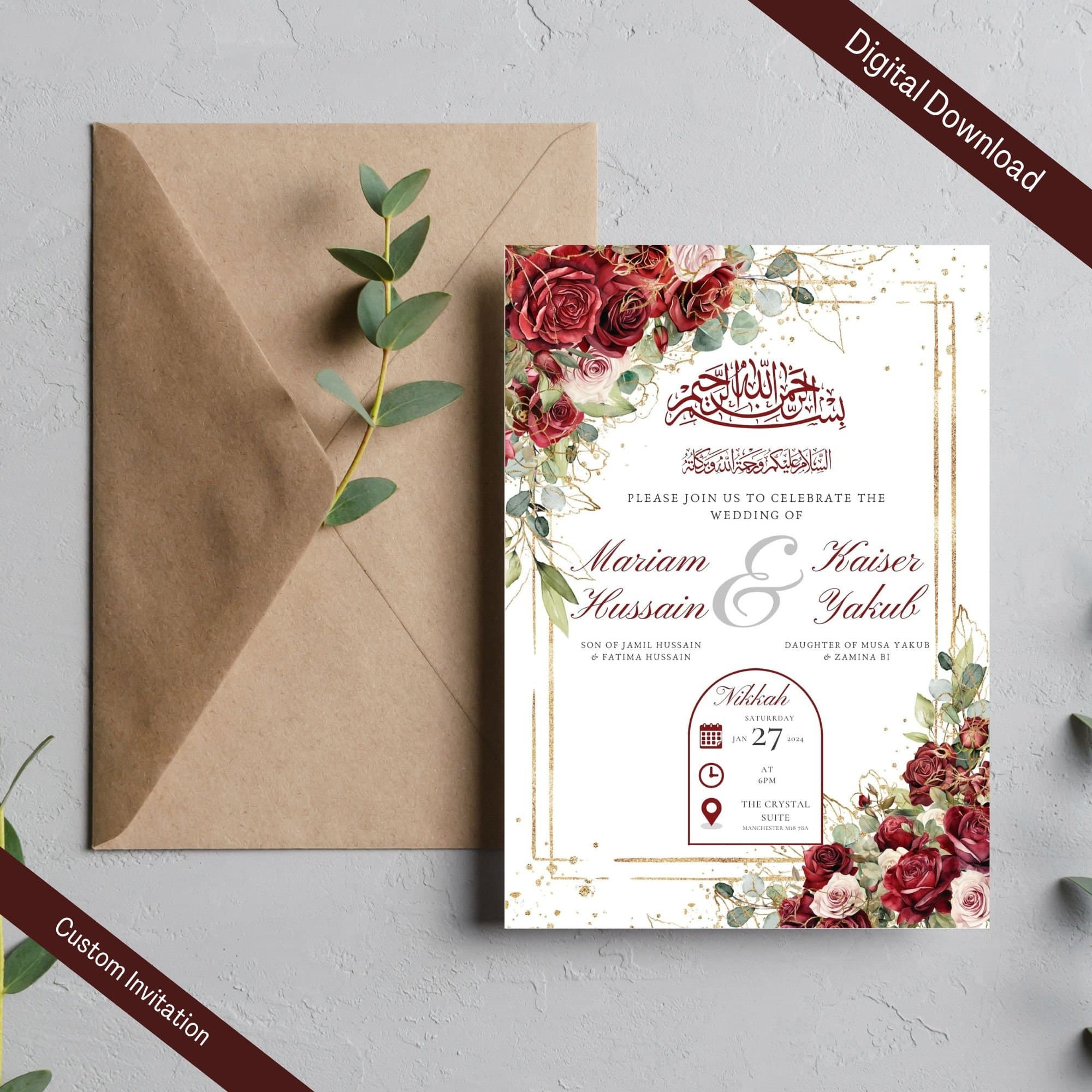 Editable Digital Muslim Wedding Invitation Template Nikkah Shaadi Baraat, Red Burgundy Animated Wedding Invitation, islamic Wedding Invite - image 4
