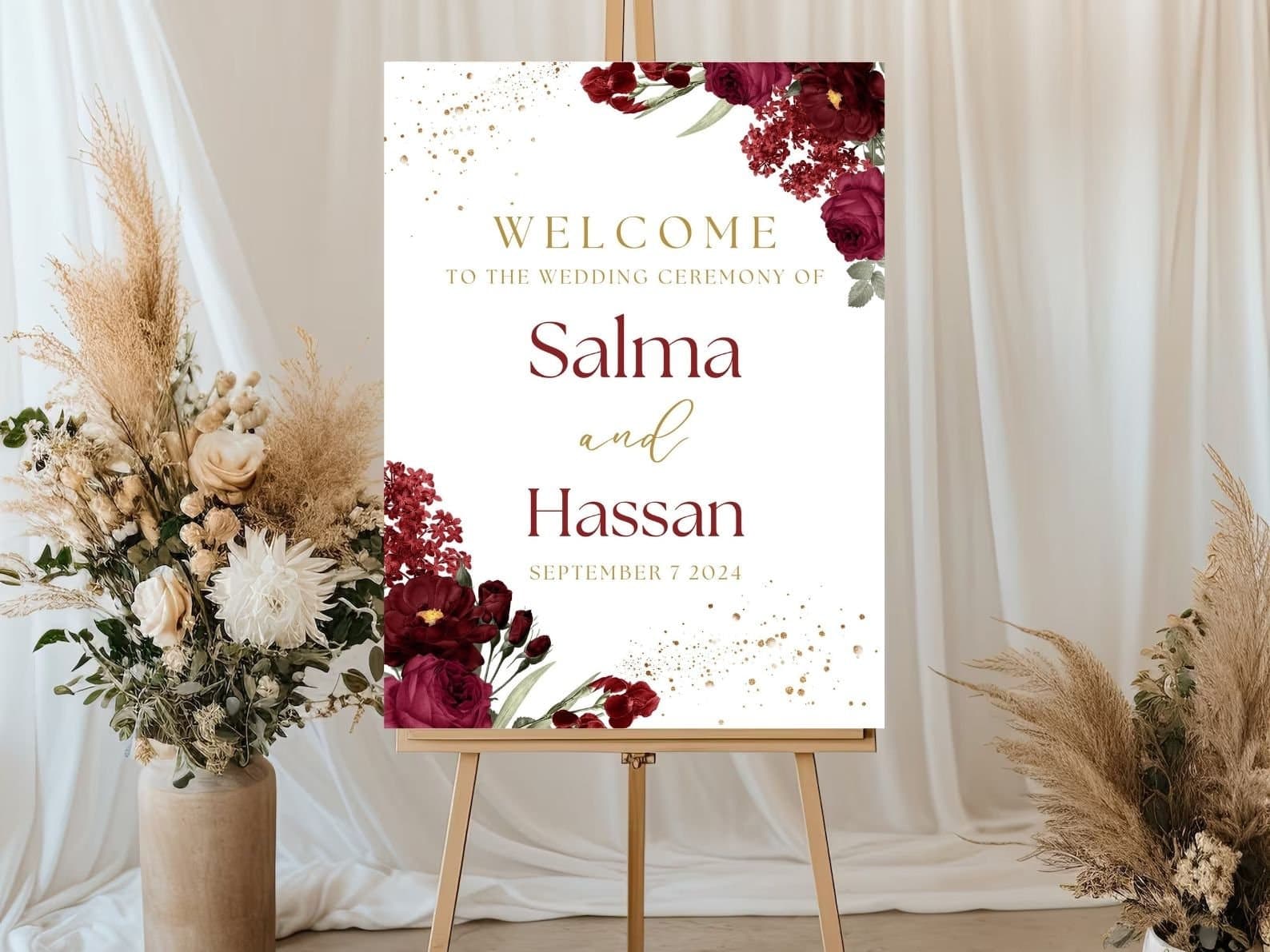 Maroon floral Wedding Welcome Sign, A1, A2, A3, A4, Pakistani Wedding, Baraat Nikkah sign, Muslim Welcome Sign, Red flower Welcome Sign
