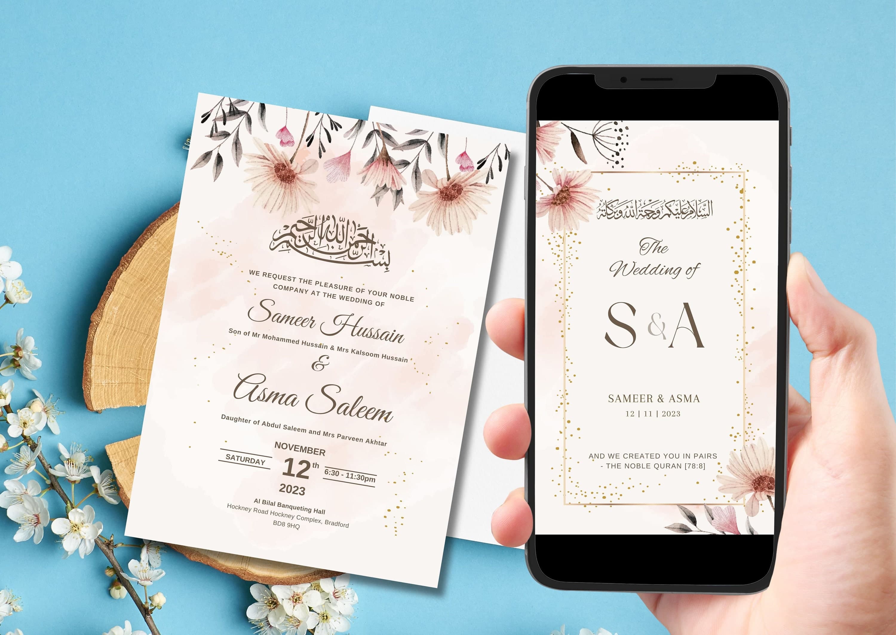 Digital Muslim Wedding Invitation Template, Pink Floral Nikah Invitation, Editable Muslim Desi Invitation, Animated Wedding invite, evite