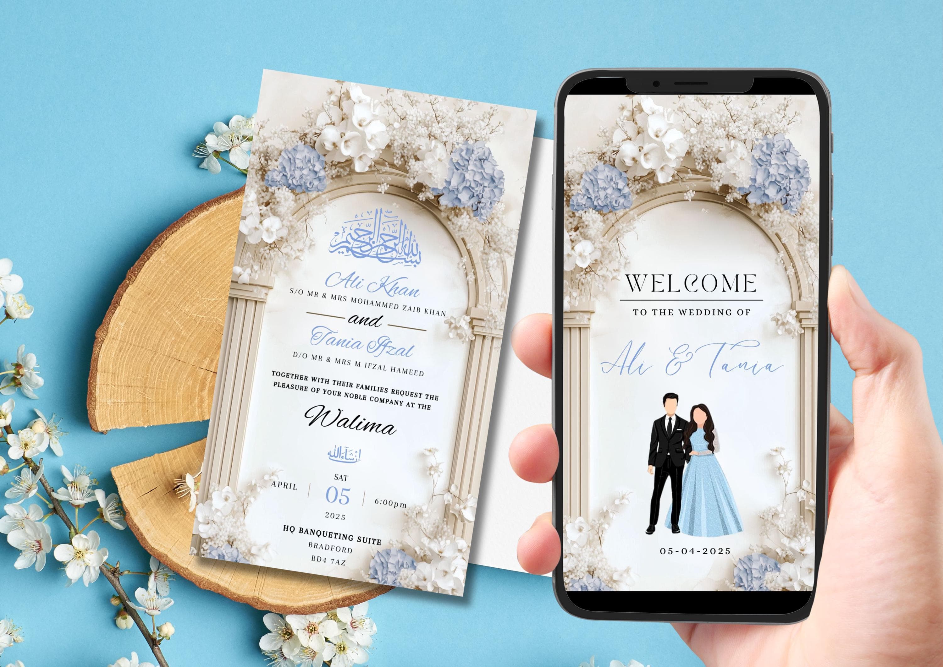 Editable Digital Muslim Wedding Invitation Template Nikkah Walima Blue floral invitation, Animated Wedding Invitation, Arch Wedding Invite
