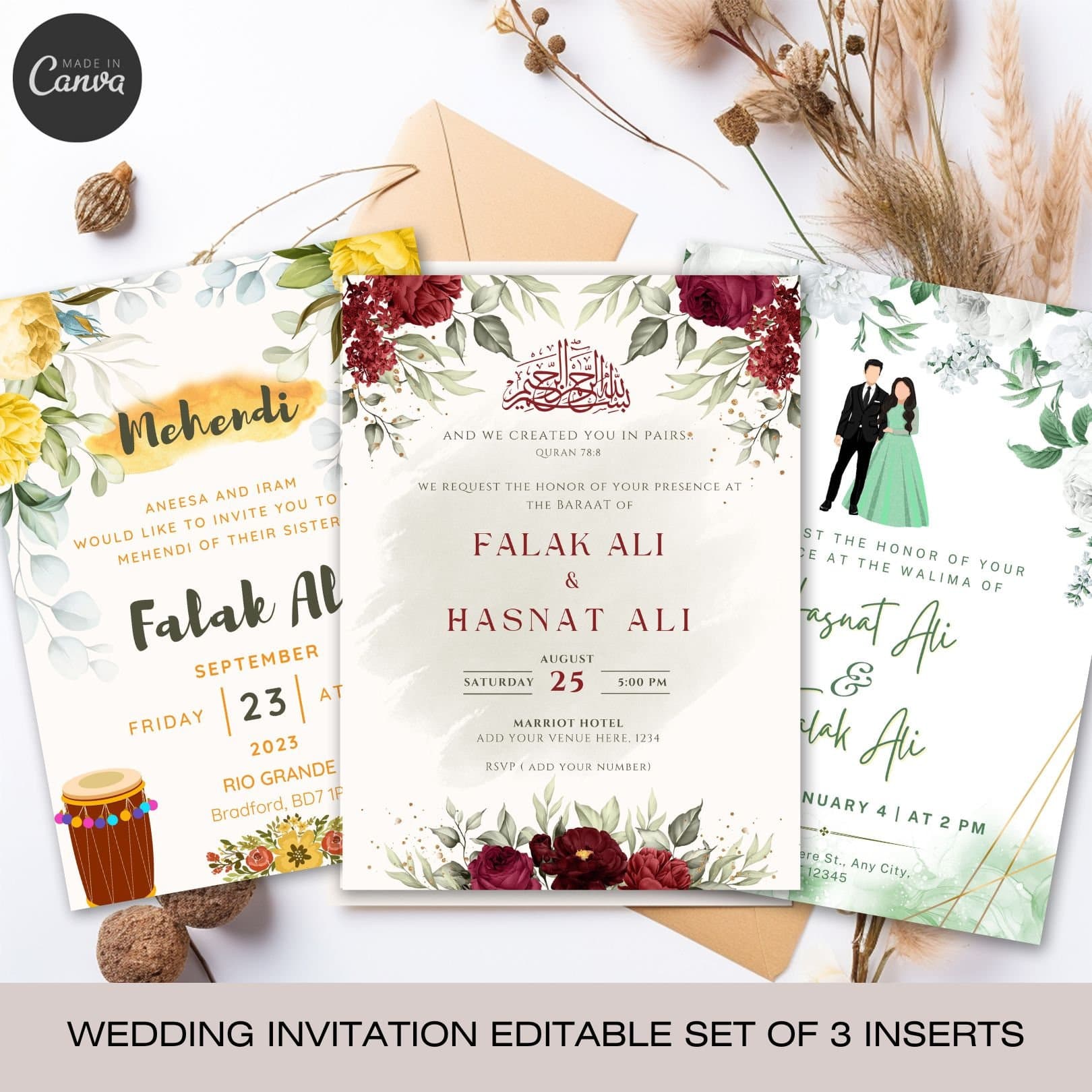 Muslim Wedding Invitation Editable Set of 3 invites, Traditional Nikkah Walimah Mehndi Baraat Invitation, Animated Islamic wedding invites