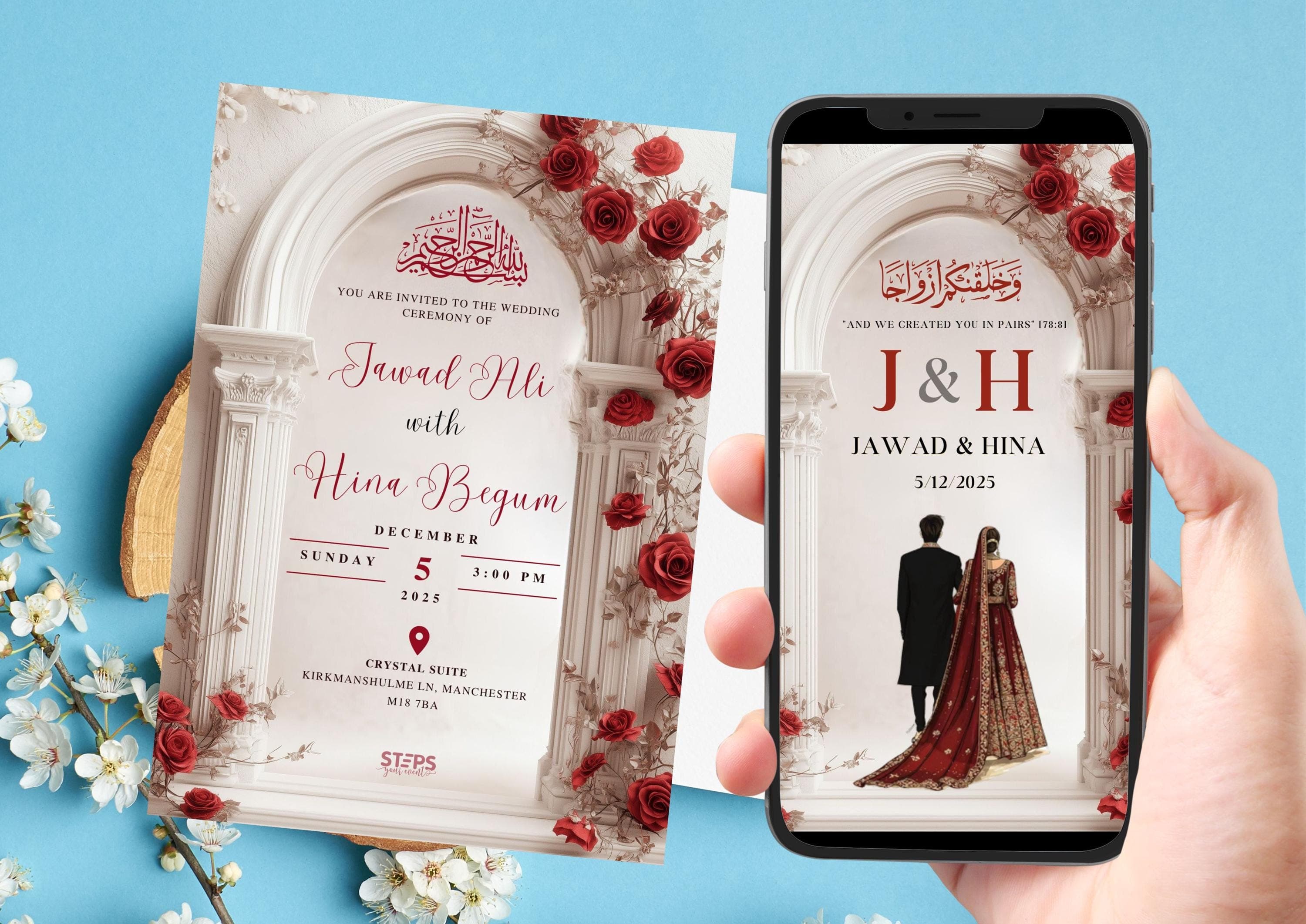 Editable Digital Muslim Wedding Invitation Template, Animated Wedding Invitation, Nikkah Red Arch Wedding Invite, Red Baraat Invitation