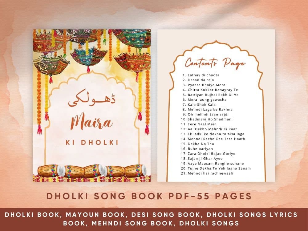 Modern Dholki Book, Desi Song Book, Dholki Songs lyrics book, Mehndi Song Book, Bollywood Songs for Asian Indian Pakistani Weddings,  Dholki