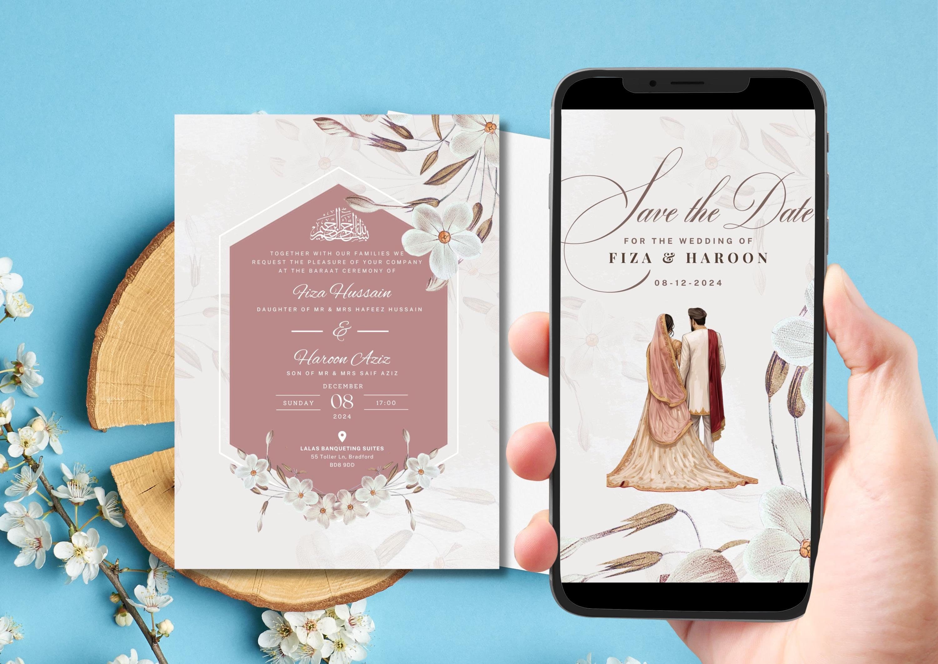 Digital Muslim Wedding Invitation Template, Pink Floral Nikah Invitation, Editable Muslim Desi Invitation, Animated Wedding invite, evite