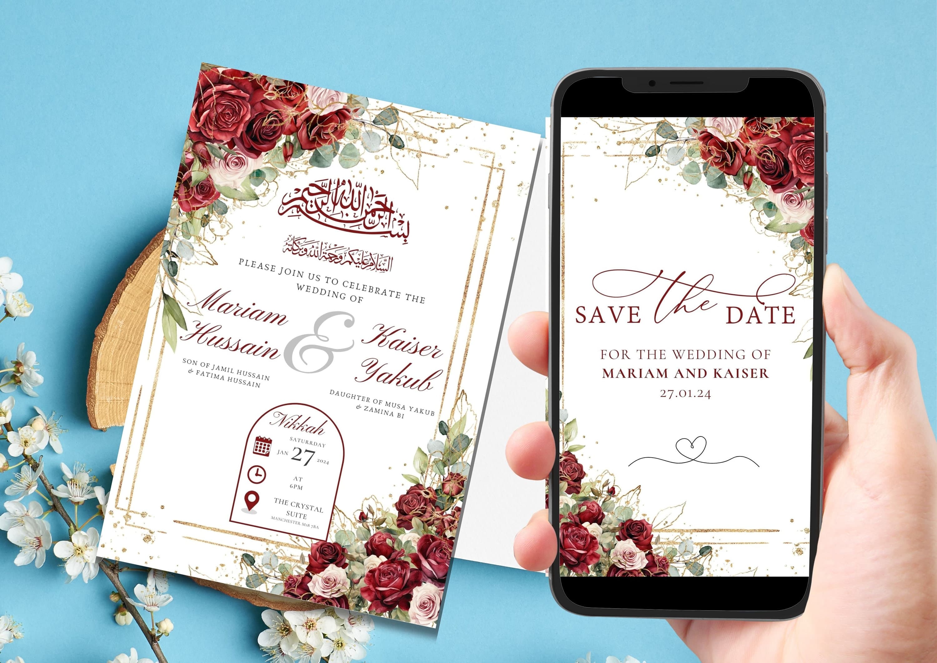 Editable Digital Muslim Wedding Invitation Template Nikkah Shaadi Baraat, Red Burgundy Animated Wedding Invitation, islamic Wedding Invite
