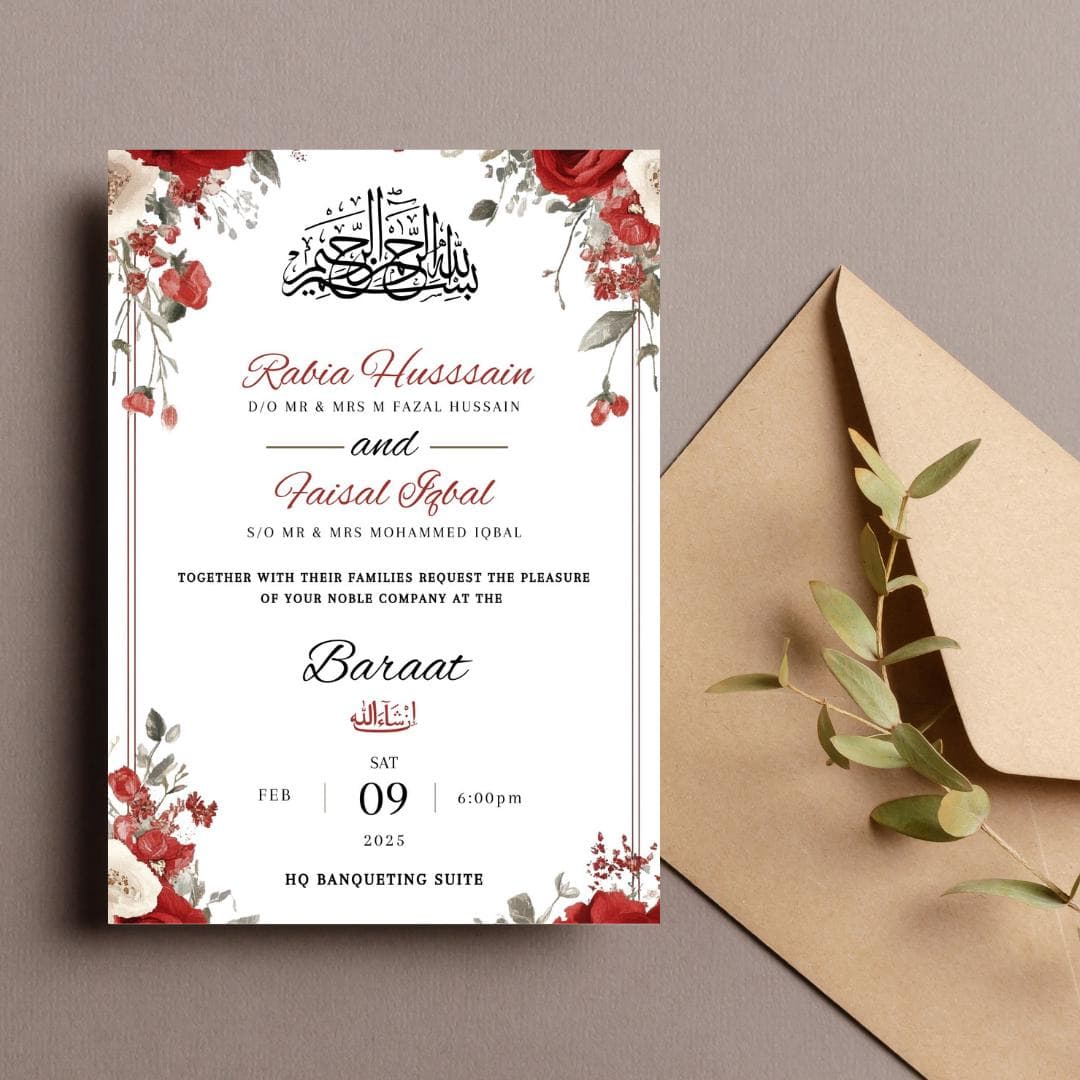 Editable Digital Muslim Wedding Invitation Template, Animated Wedding Invitation, Nikkah red floral Wedding Invite, Red Baraat invite - image 5