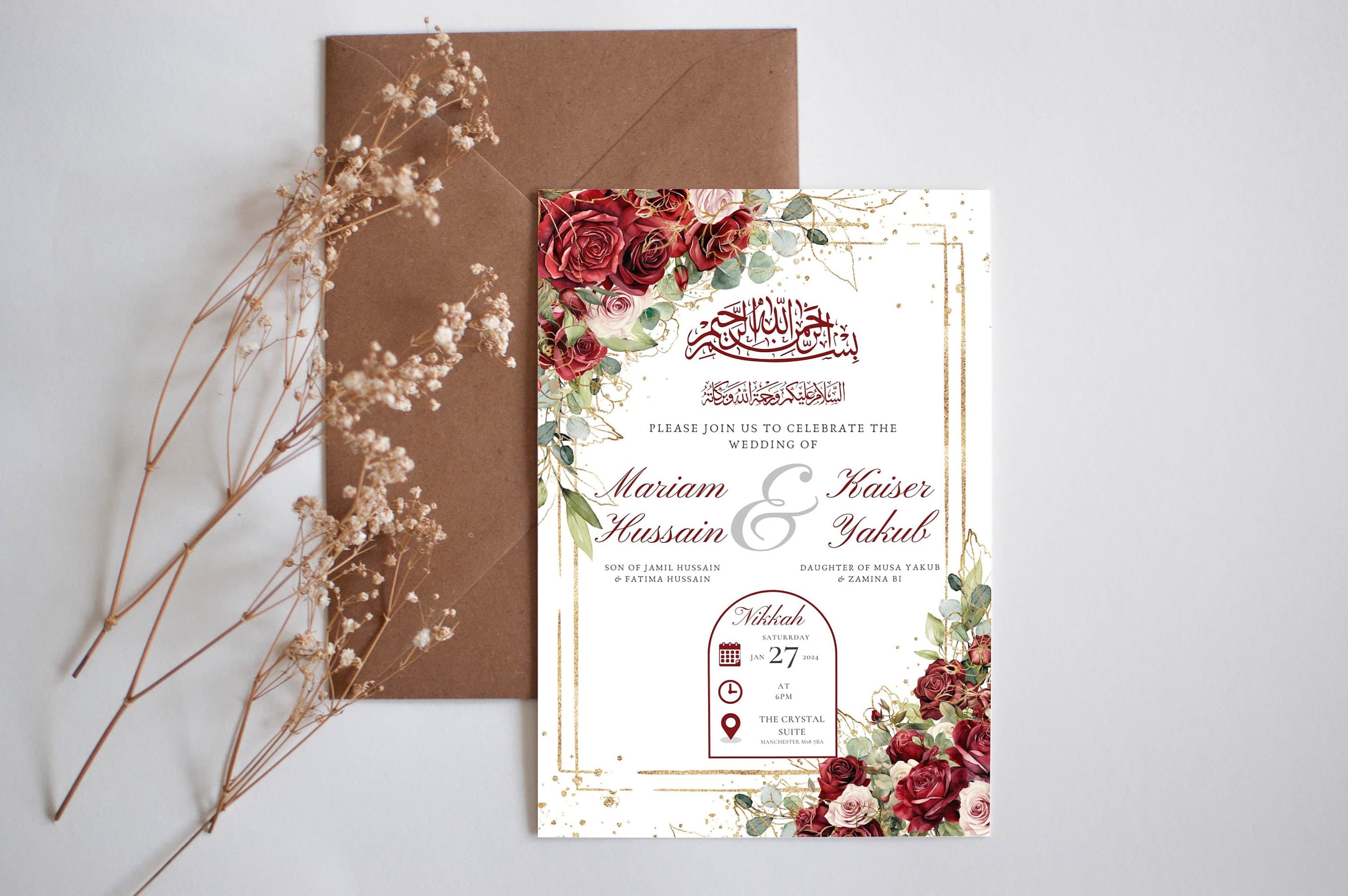 Editable Digital Muslim Wedding Invitation Template Nikkah Shaadi Baraat, Red Burgundy Animated Wedding Invitation, islamic Wedding Invite - image 3