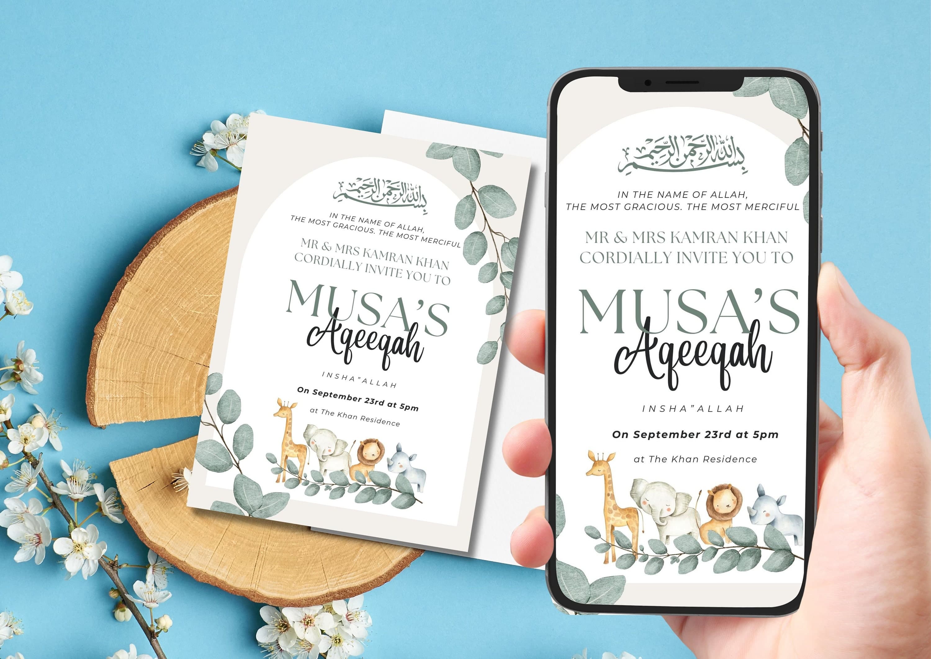 Custom Aqeeqah Invitation Digital Download, Personalized Islamic Unisex Birth Announcement Invite, Boy Aqiqa, Aqīqah Aqeeqa Welcome