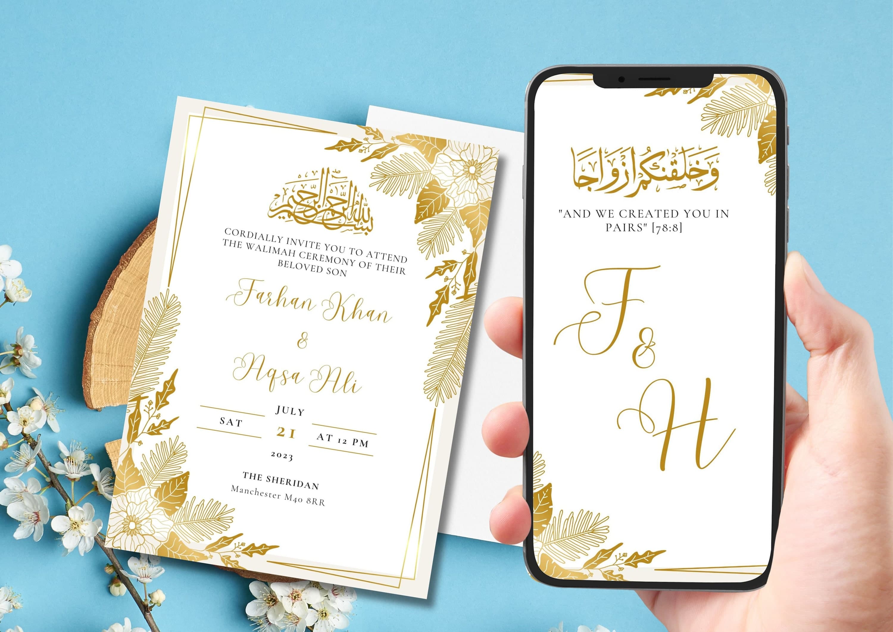 Digital Muslim Wedding Invitation Template, Neutral Cream Gold Floral Nikah Invite, Islamic Baraat Walima Card Editable Reception Evite